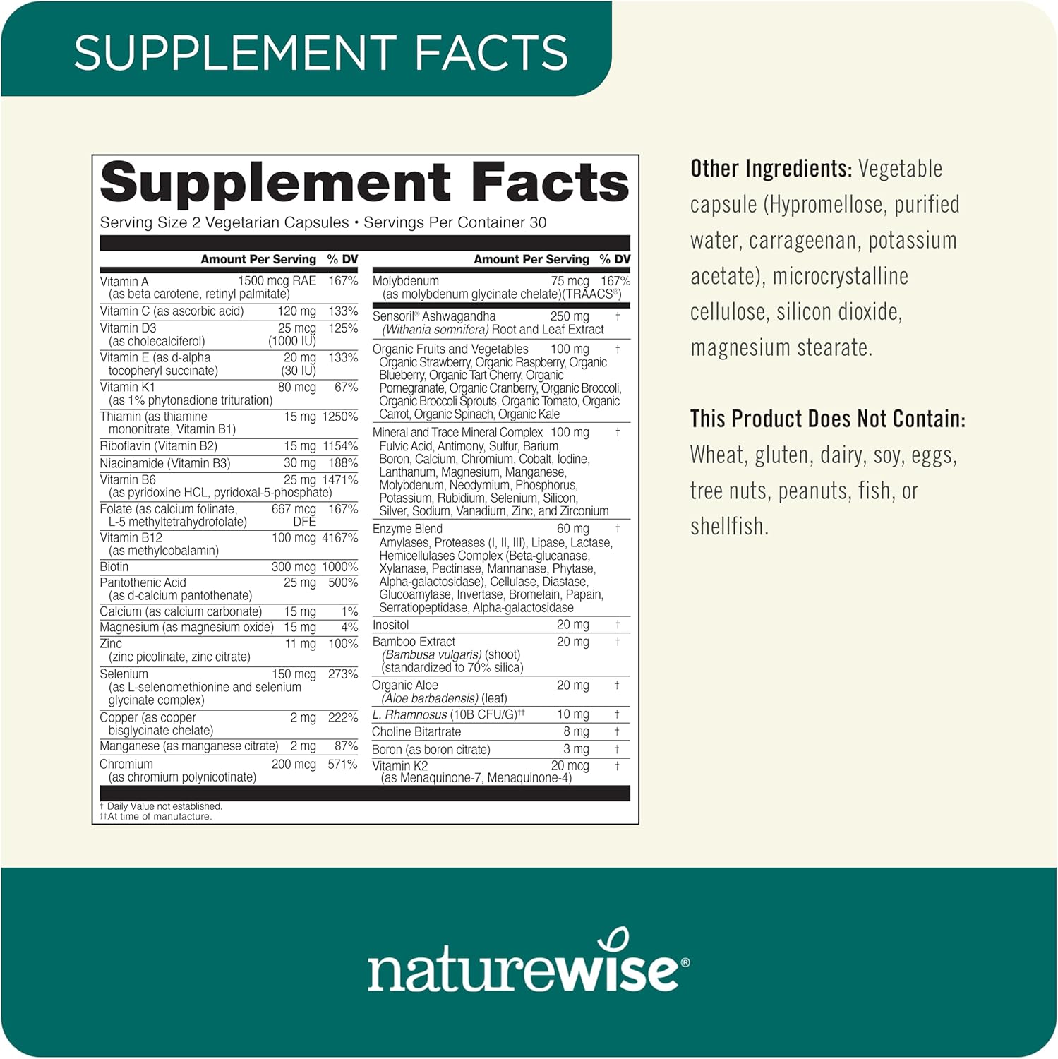 NatureWise Multivitamin for Men + Stress Support + Fulvic Ionic Minerals + Probiotics for Immunity, Male Health, Digestion + Whole Organic Foods - Vegetarian, Non-GMO - 60 Capsules[1-Month Supply]