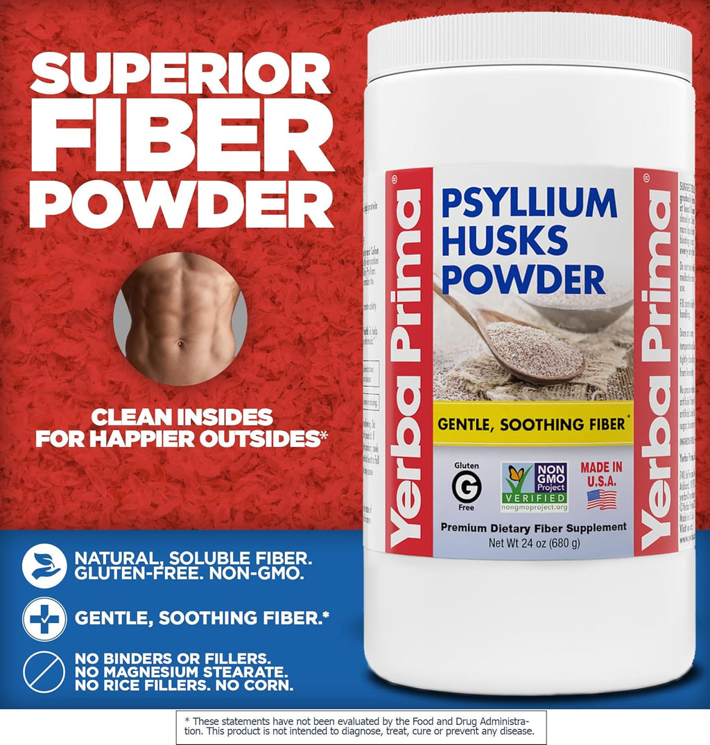 Yerba Prima Psyllium Husks Powder - 24 oz (Pack of 2) - Unflavored - Fine Ground - Natural Fiber Supplement with Soluble & Insoluble Fiber