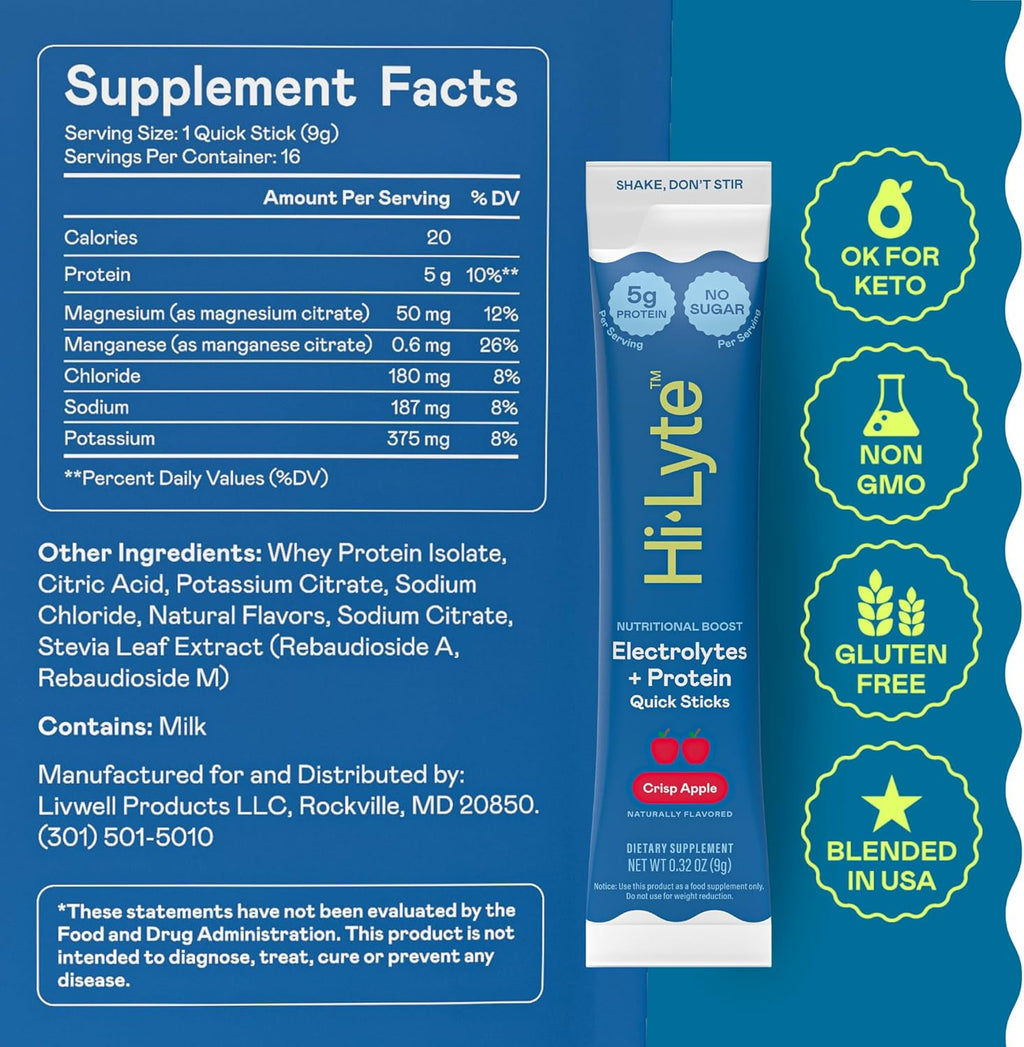 Hi-Lyte Electrolytes + Protein Quick Sticks Crisp Apple, 16 Servings