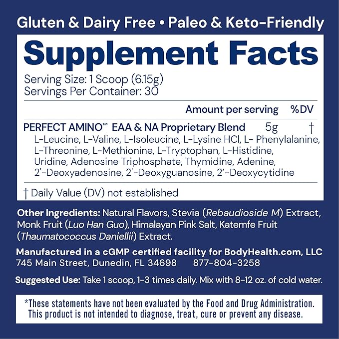 BodyHealth PerfectAmino Powder - BCAA and EAA Powder for Pre and Post Workout - Amino Acid Energy Drink for Men and Women to Support Lean Muscle and Recovery - Chocolate - 30 Servings