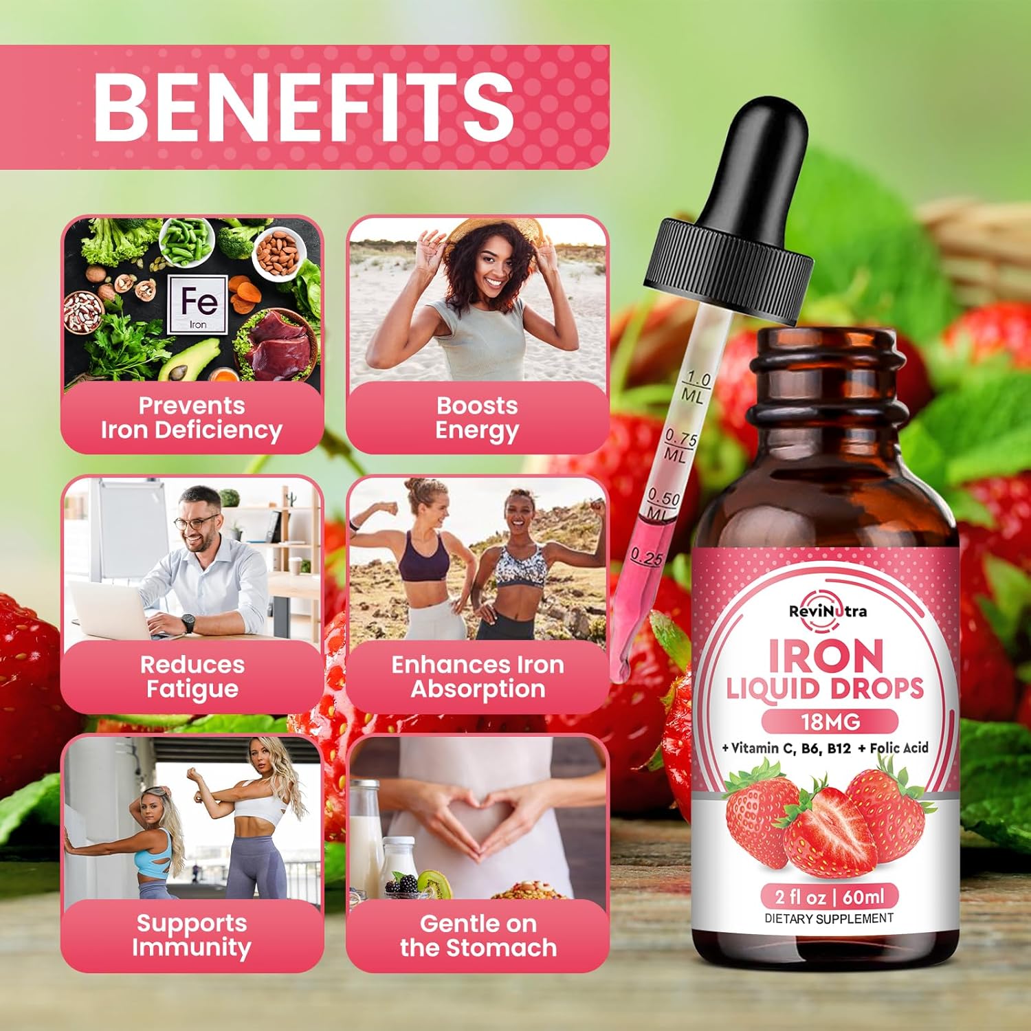 Liquid Iron Supplement for Women, Men & Kids, Liquid Iron Drops with Folate, Vitamin C, B6, B12 for Anemia, Red Blood Cell, Energy Support, Strawberry Flavor, 2 Fl Oz
