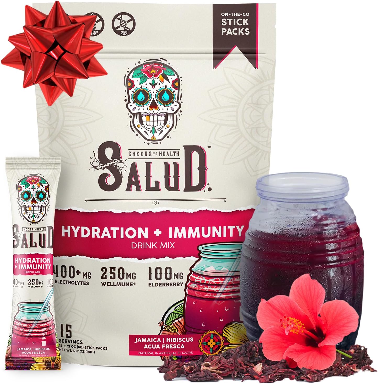 Salud 2-in-1 Hydration Packets + Immunity Electrolytes Powder, Hibiscus - Jamaica Agua Fresca Drink Mix, Elderberry, Dairy & Soy Free, Non-GMO, Gluten Free, Vegan, Low Calorie, 1g Sugar (15 Servings)
