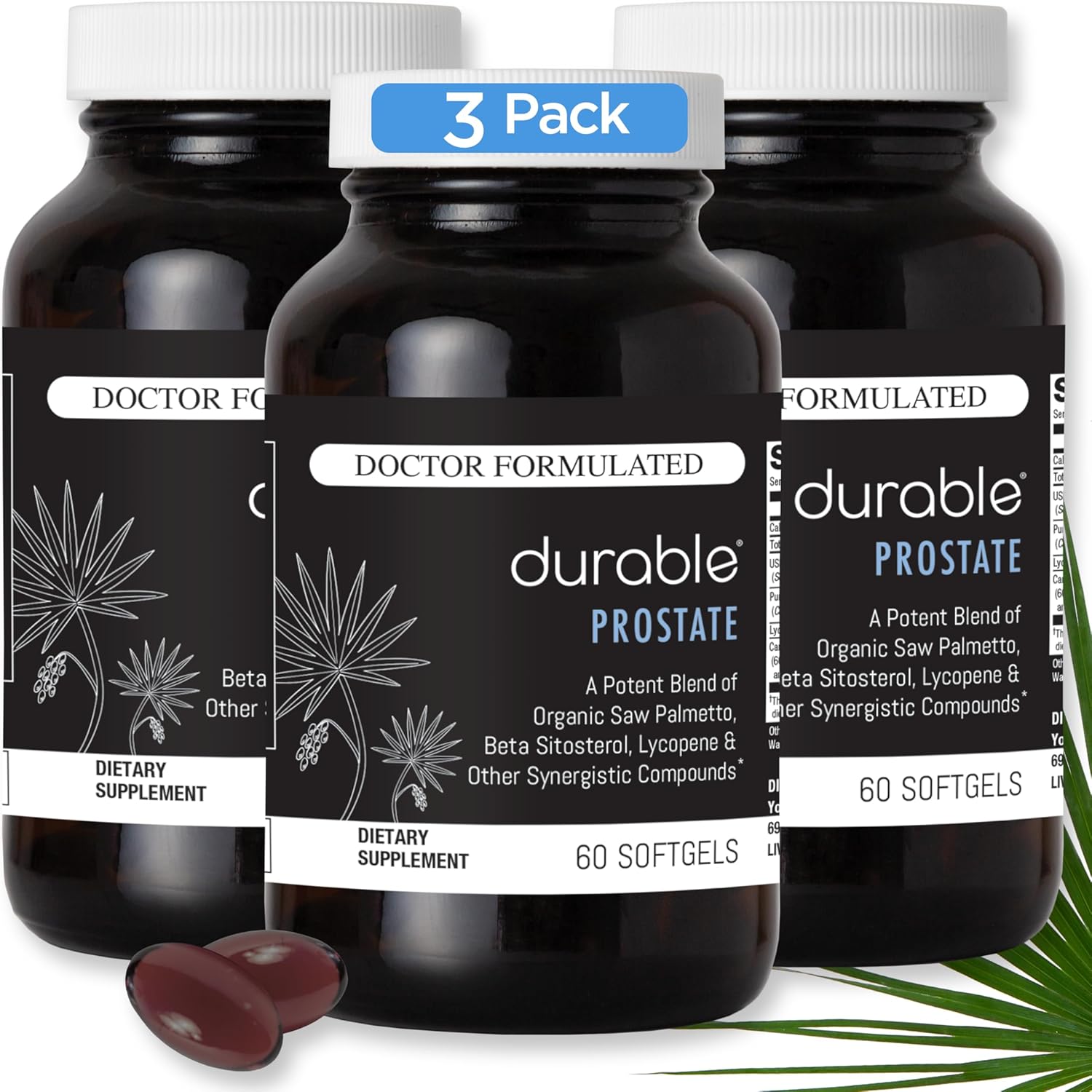 Durable Prostate – Organic USPlus Saw Palmetto + Beta-Sitosterol – Supports Men’s Prostate Health, Bladder Function & Flow– Doctor-Formulated, Made in USA- 90 Day Supply (180 Softgels)