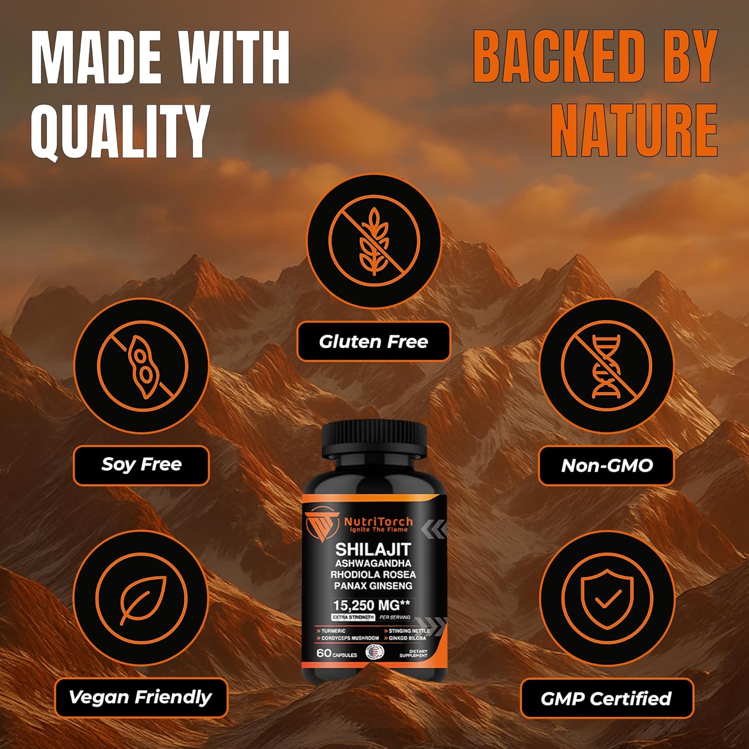 Shilajit Capsules - Supplement with Ashwagandha, Rhodiola Rosea, Panax Ginseng, Turmeric, Cordycep Mushrooms, Ginkgo Biloba - 15250Mg - 60 Capsules