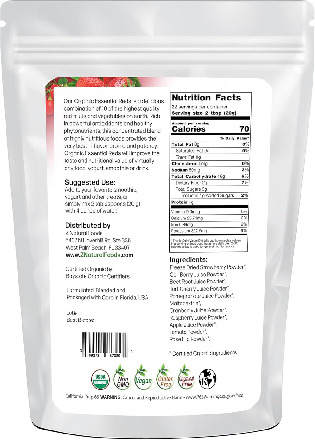 Z Natural Foods Organic Essential Reds, Organic Juice Powder, Super Blend of 10 Red Fruits and Vegetables, Superfood Smoothie Powder, Non-GMO, Vegan, 1 lb