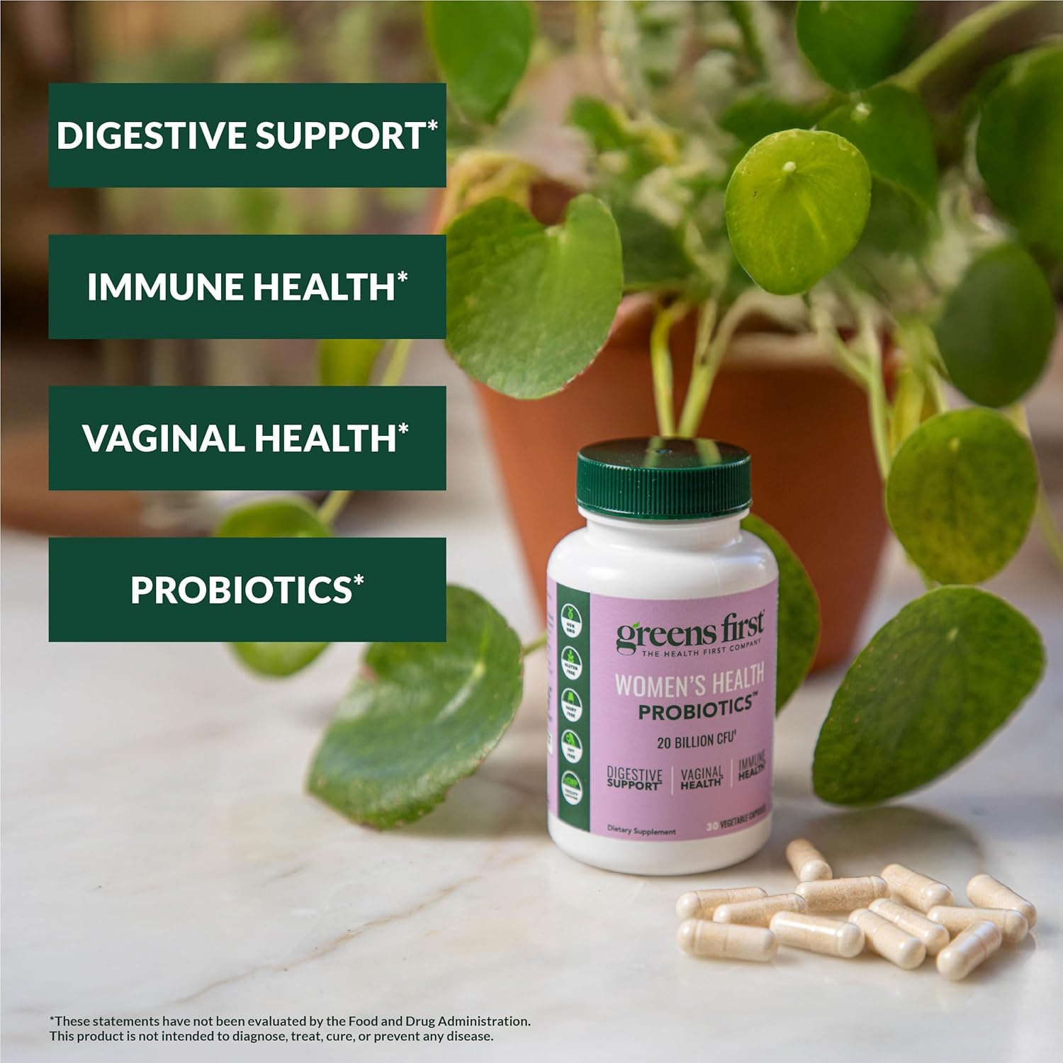 Greens First Women’s Health Probiotics - Probiotic for pH Balance - 20 Billion CFU - Support for Digestive, Immune & Vaginal Health Non-GMO/Gluten-Free/Dairy-Free/Soy-Free (30 Vegetable Capsules)