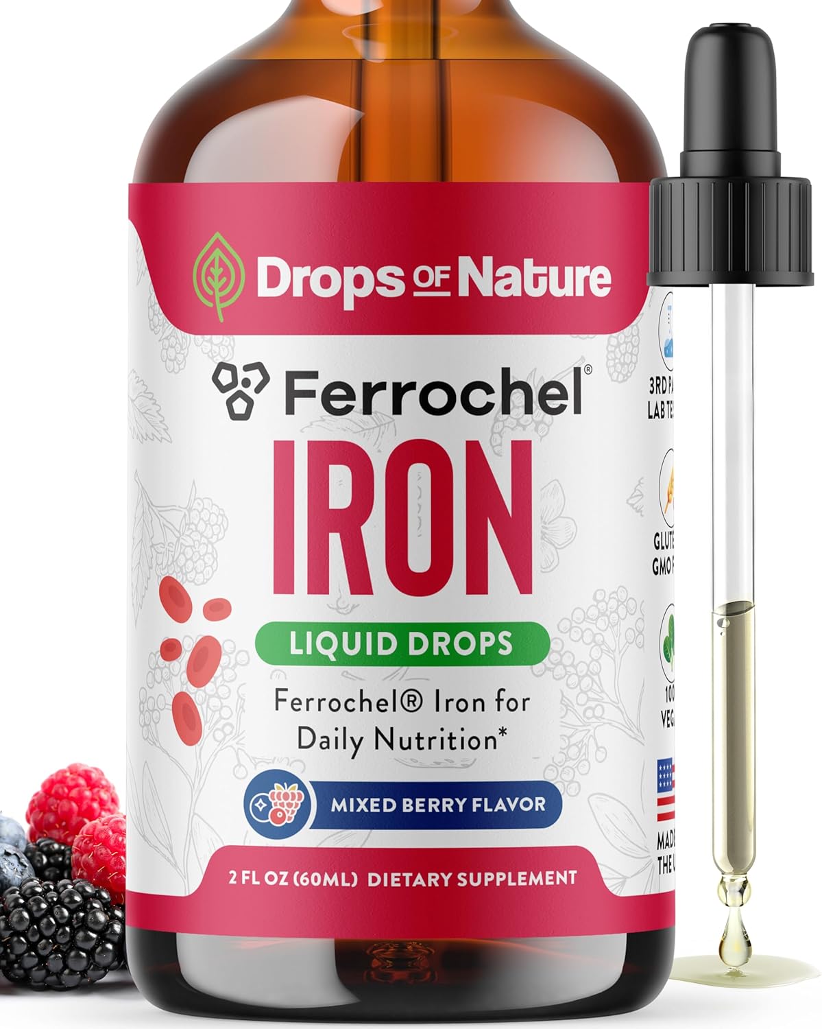 Iron Supplement for Women - High Absorption Liquid Iron Drops - Vegan Non-GMO Supplements - Versatile Alternative to Pills & Gummies, Support Energy Levels & Daily Balance (Mixed Berry, 60ml)