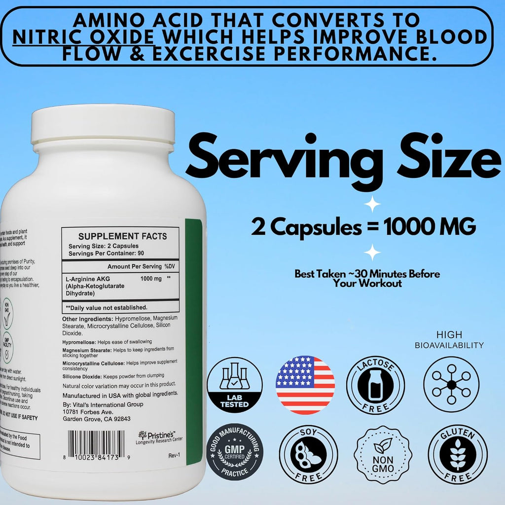 PRISTINE'S L Arginine Supplements for Men & Women - 1000mg Capsules 90 Day Supply Nitric Oxide & Pre Workout Amino Acid Support