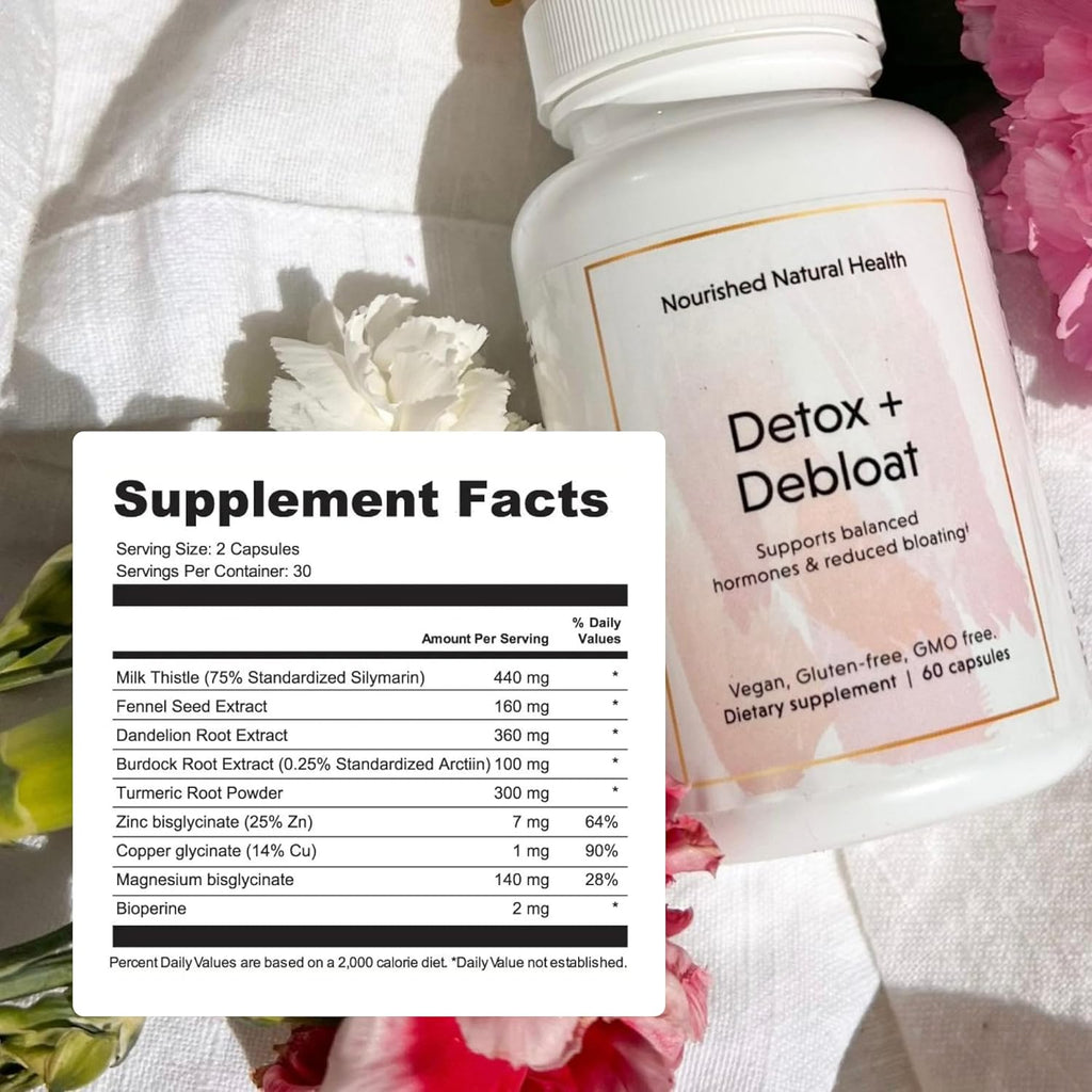 Nourished Natural Detox + Debloat - Milk Thistle & Dandelion Root Vegan Supplement for Women - Bloating Relief & Digestion Support - 180 Capsules