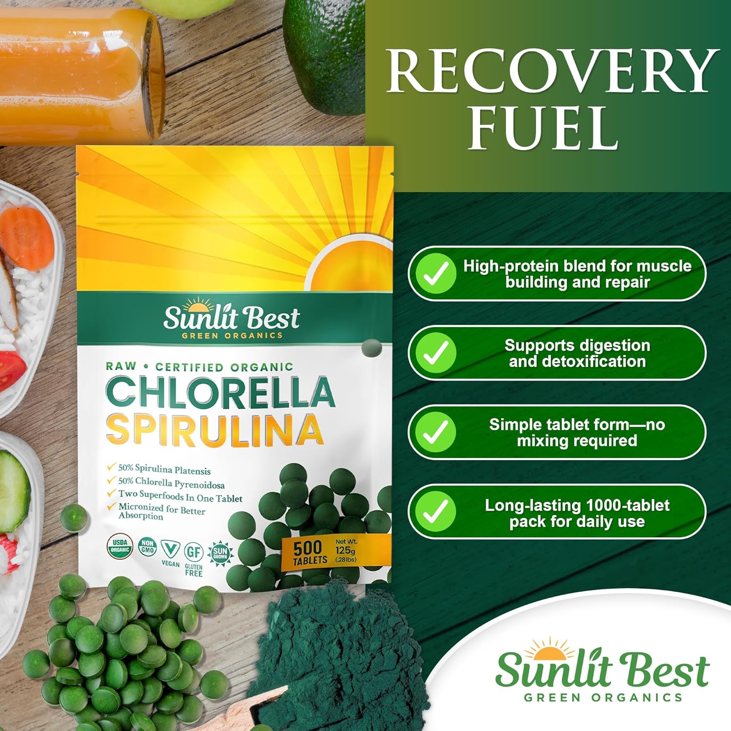 Sunlit Best Chlorella Spirulina Tablets - Organic USDA, Premium Spirulinas and Chlorella Capsules 500 Pills - Chlorellas Natural Superfood with Spirulina Algae, Enzymes Chlorophyll & Vegan Protein