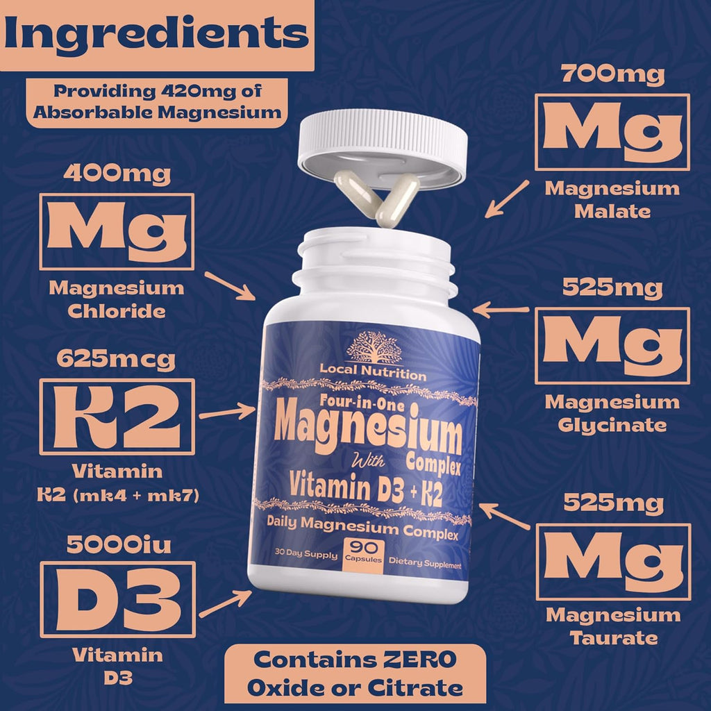 4-in-1 Magnesium Complex 420mg with Vitamin D3 K2 - Premium Magnesium Supplement with Magnesium Malate, Bisglycinate (Glycinate), Taurate, and Chloride - 90 Capsules Made in The USA