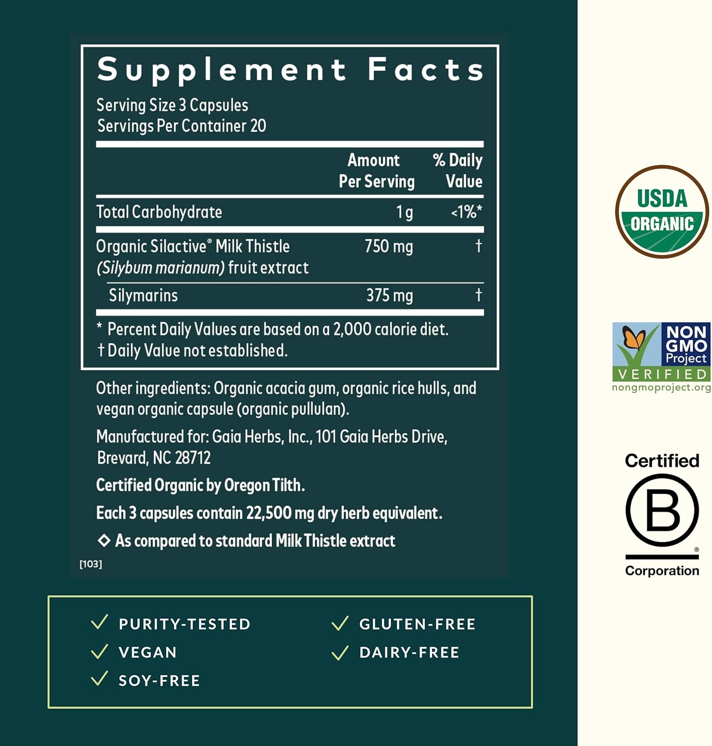 Gaia Herbs Milk Thistle - Liver Supplement & Cleanse Support for Helping to Maintain Healthy Liver Function* - 60 Vegan Capsules (20-Day Supply)