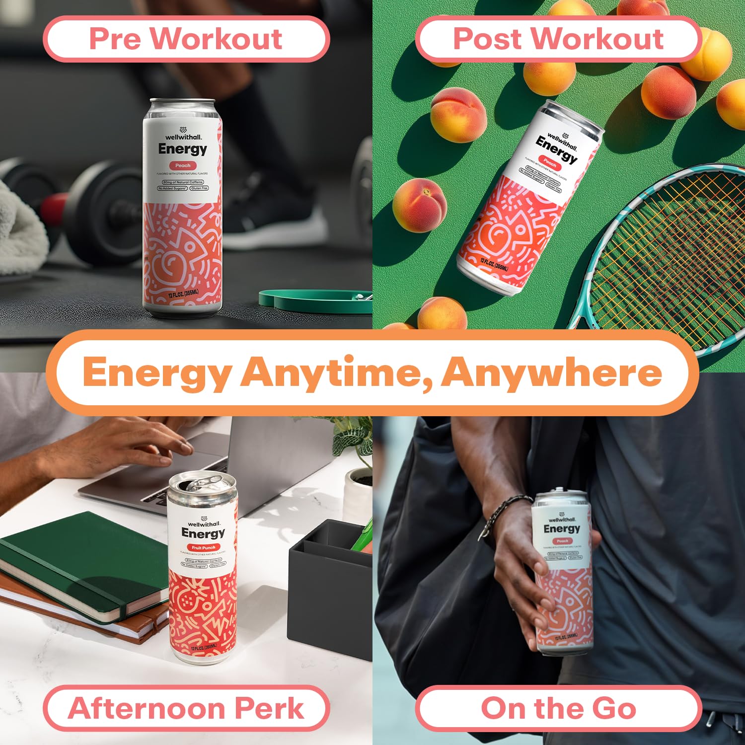 WellWithAll Peach Energy Drink – Caffeine from Tea – With Vitamin C – Lightly Sparkling Beverage – Fruit & Veggie Juice Blend – 12 Oz (Pack of 12)
