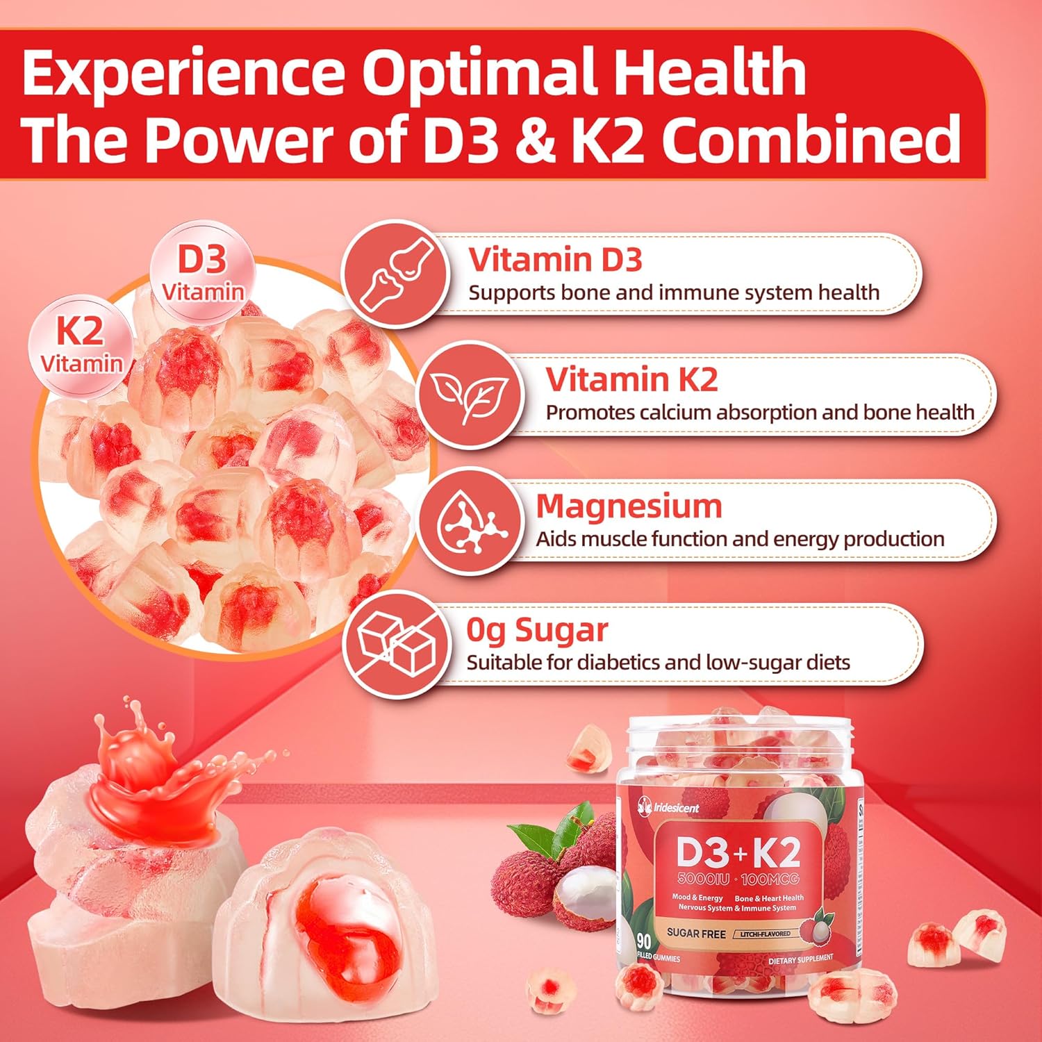 Vitamin D3 K2 Gummies w/Magnesium Sugar Free - 90 Count | D3 Vitamin 5,000 IU + K2(MK-7) 100 mcg - Vegan K2 D3 Vitamin Supplement, Highly Absorbent Supports Bone, Muscle, Mood & Immune(Lychee Flavor)
