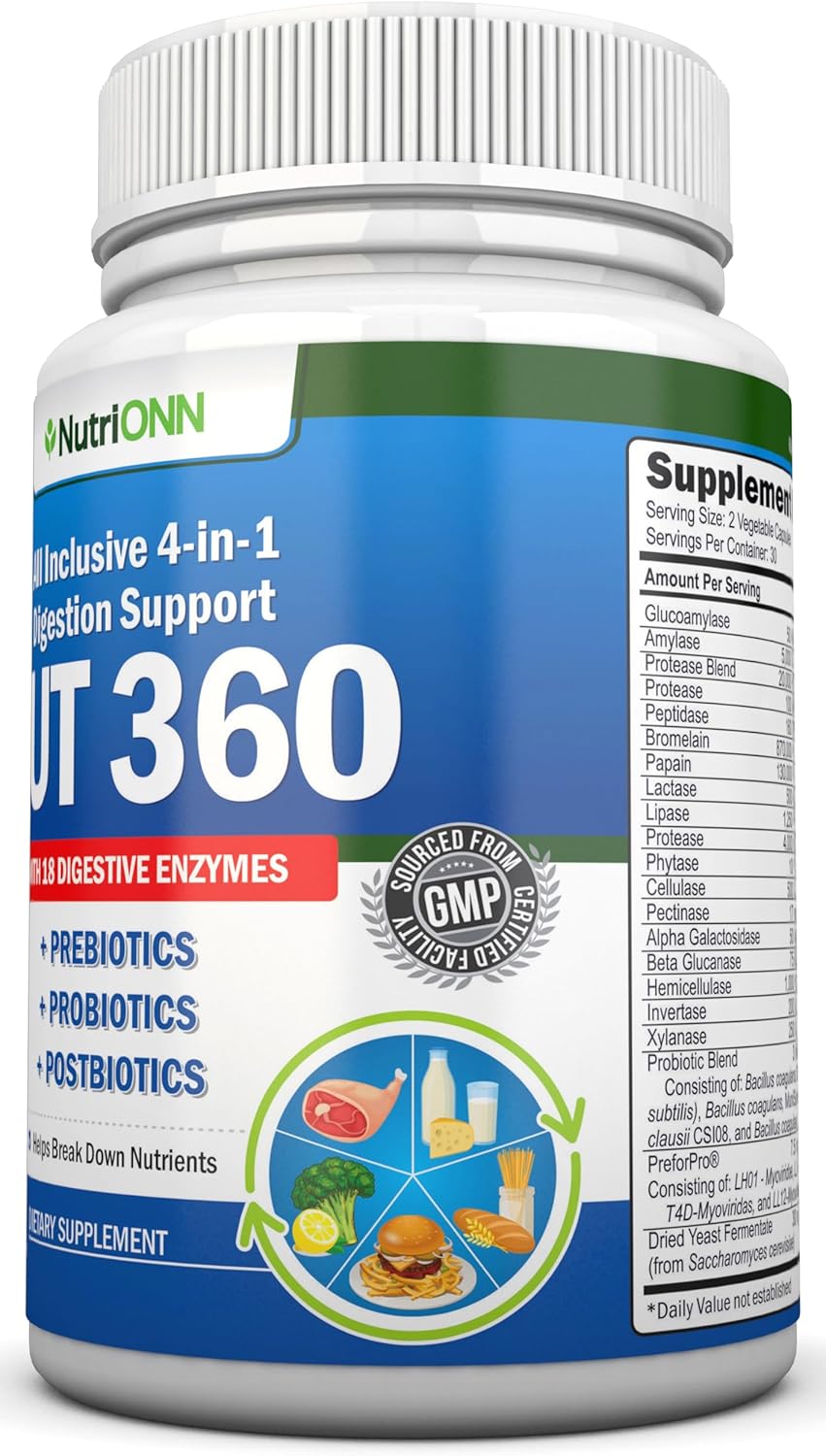 4-in-1 Probiotics, Prebiotics & Postbiotics with 18 Digestive Enzymes for Women & Men - Complete Gut & Digestive Support Supplement - Bloating Relief and Enzymes for Digestion - Non GMO - Vegan