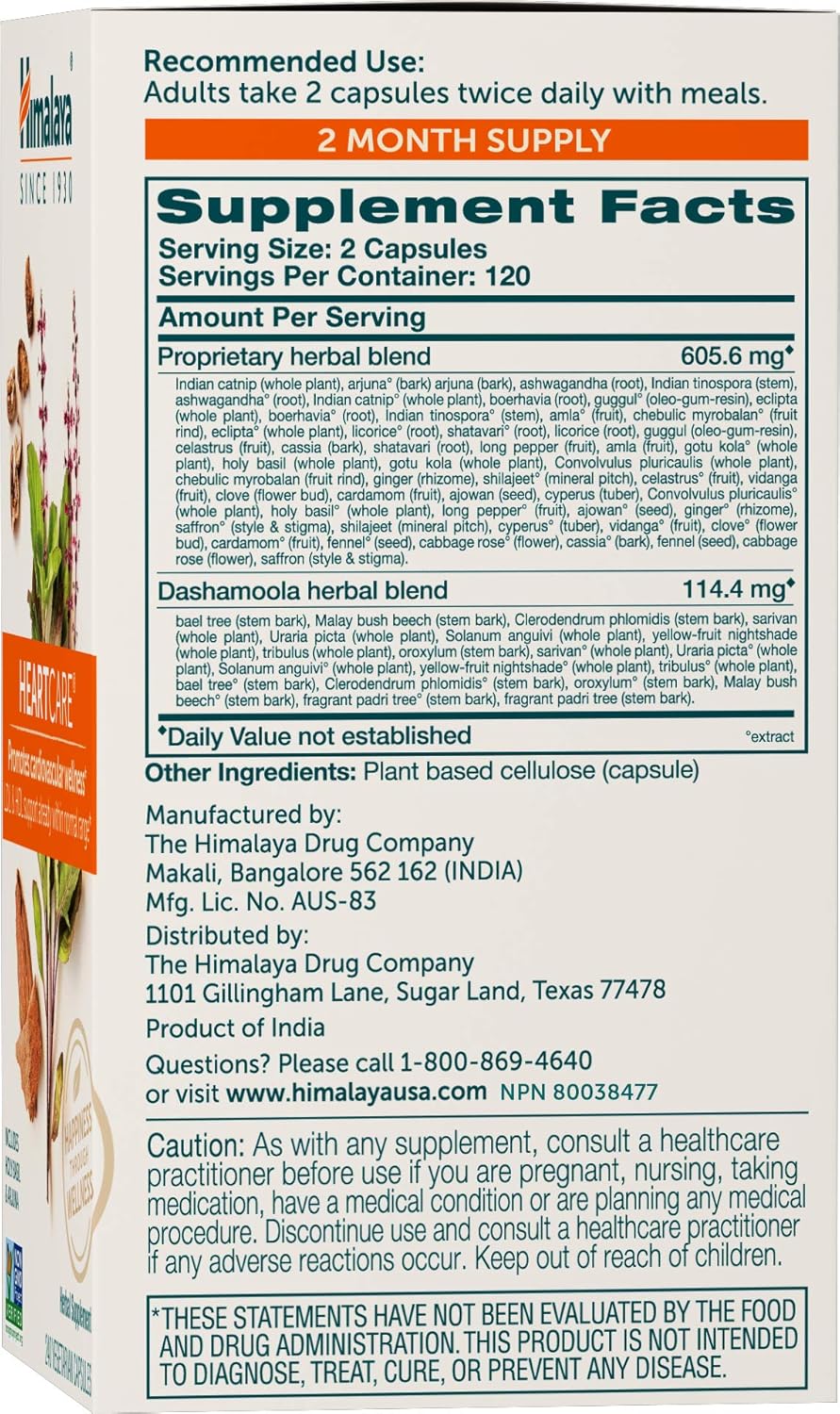 Himalaya HeartCare, Cholesterol & Blood Pressure Supplements for Cardiovascular Wellness and Heart Health, 720mg, 240 Capsules, 2 Month Supply