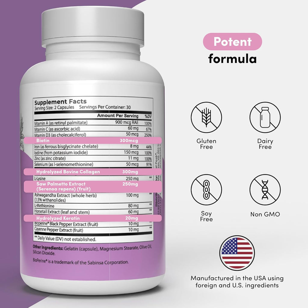 Hair Peak - Hair Growth Supplement - Hair Vitamins to Support Healthy Hair - with Biotin, Collagen, Saw Palmetto Extract, Keratin, Iron, Ionide, Zinc & More - Gluten Free, Dairy Free - 60 Capsules