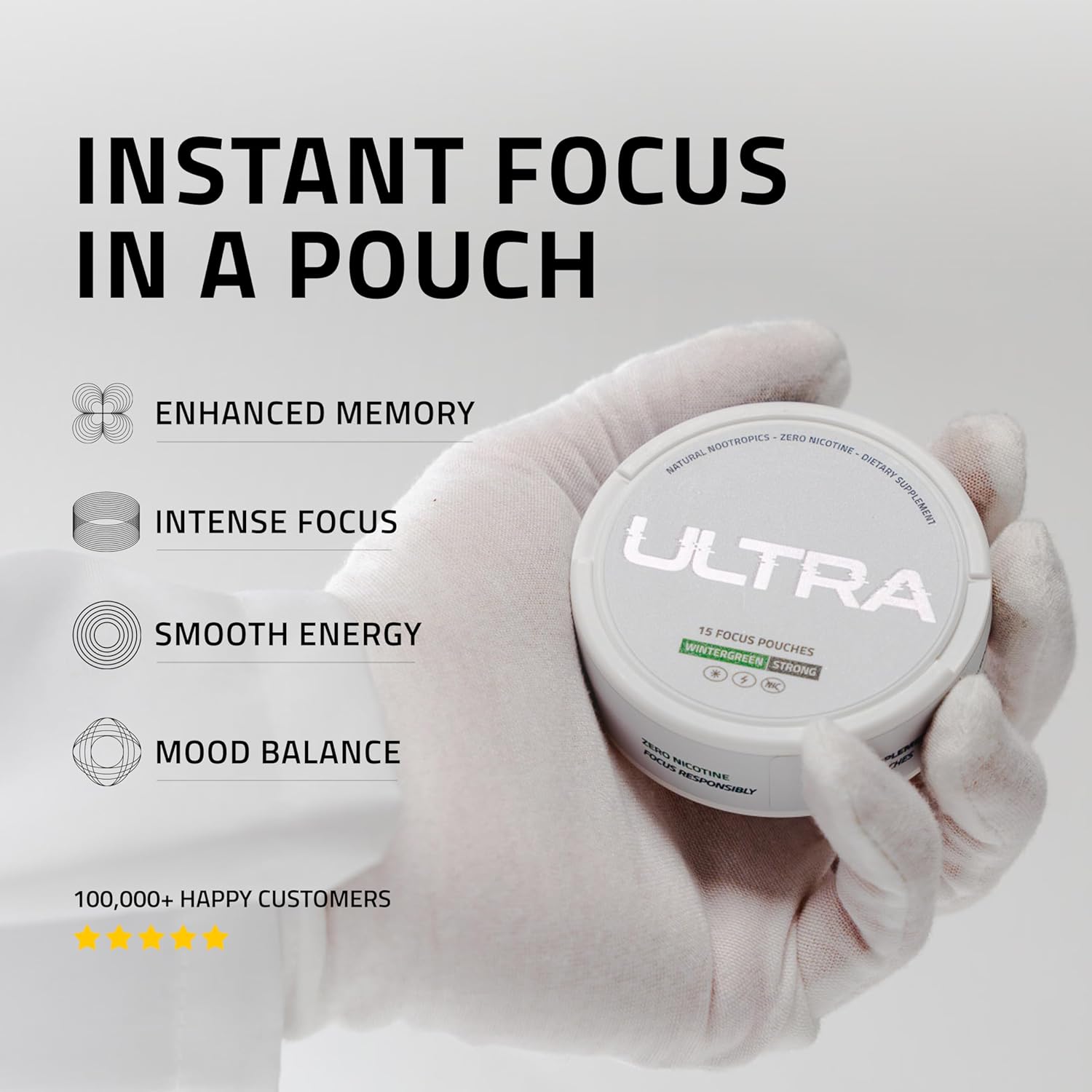 Ultra Focus Pouches with Vitamin B12, L Theanine, Vitamin B6, Ginseng & Alpha GPC, Natural Adaptogens and Nootropics for Energy and Clarity, Plant Based and Caffeine Free, Cool Mint, 3 Pack
