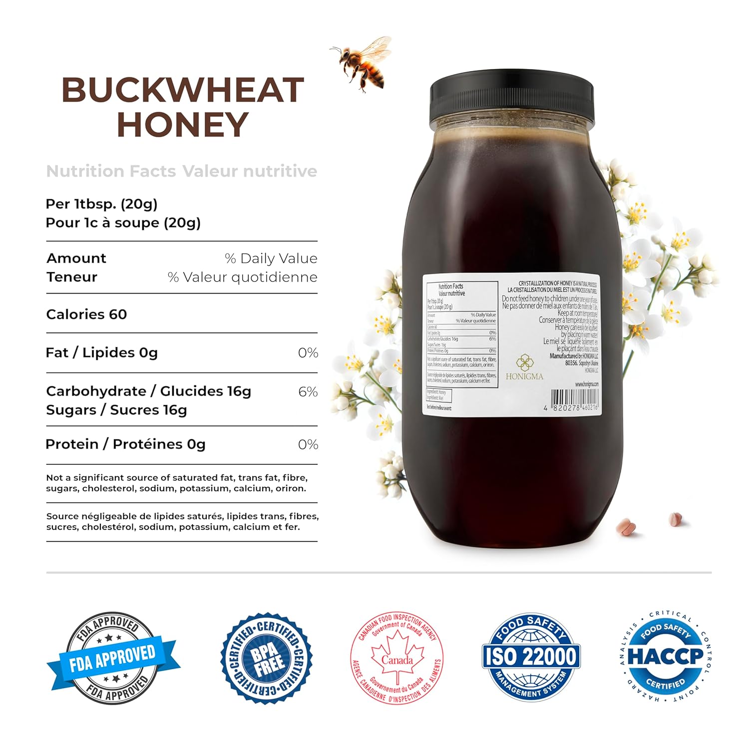 HONIGMA® Marma Buchwheat Honey | Authentic Raw Honey from Ukraine | 100% Pure, Unpasteurized & Fully Crystallized | 1000g/35.2oz | Naturally Solid Texture | Pack of 1