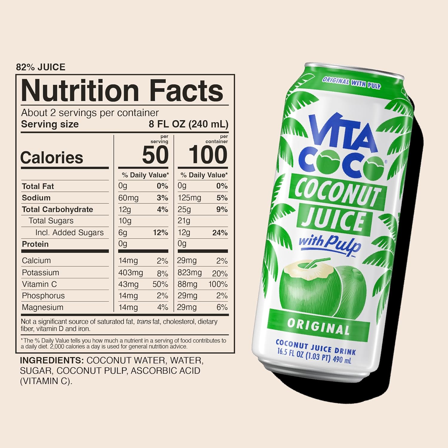 Vita Coco Coconut Juice, Original with Pulp | Big, Bold Coconut Taste | Natural Electrolytes | Sweet, Refreshing Hydration | 16.9 oz can (Pack of 12)