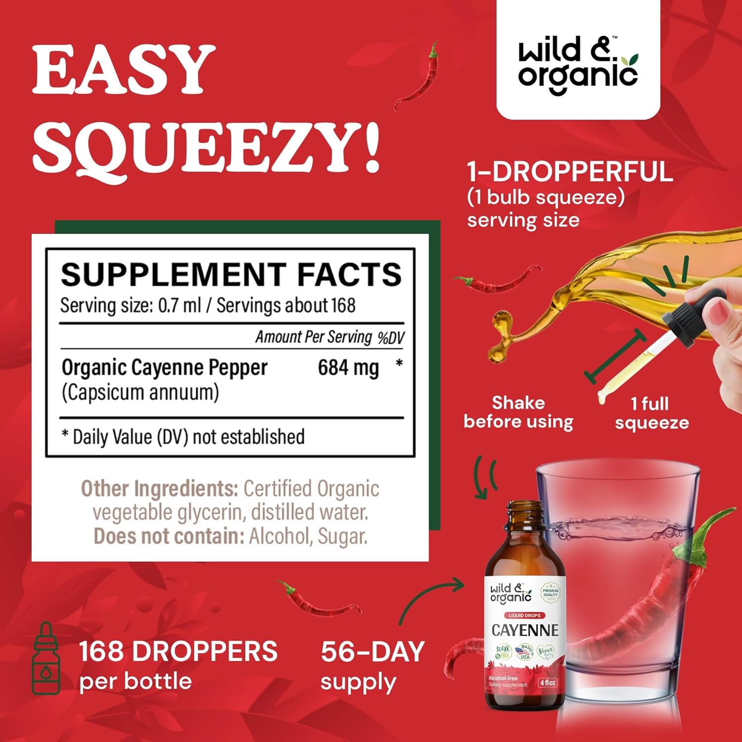 Wild & Organic Cayenne Pepper Tincture - Digestive Support with Capsaicin Extract - Cayenne Pepper Liquid Drops for Overall Well-Being - Vegan, Sugar & Alcohol-Free - 4 fl oz (Pack of 2)