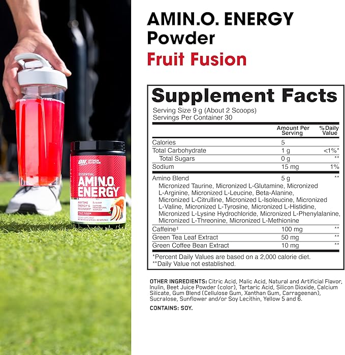 Optimum Nutrition Amino Energy Powder – Energy & Focus Pre Workout with Amino Acids, BCAA, Green Tea Caffeine & Coffee, Muscle Recovery Support – Fruit Fusion, 30 Servings (Packaging May Vary)