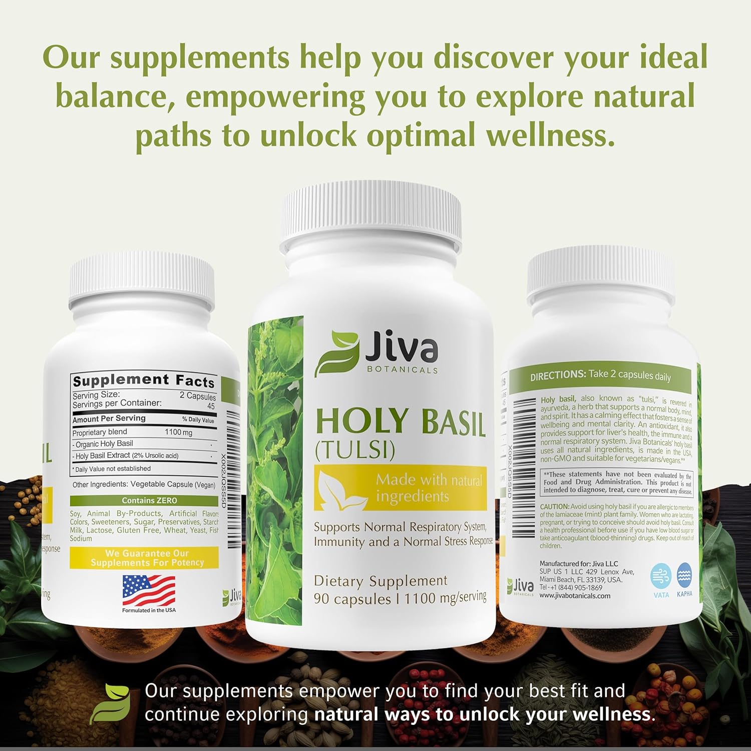 Jiva Botanicals Holy Basil Capsules - Premium Holy Basil Extract with Tulsi Powder - Ayurvedic Herb Alternative to Tincture -90 Vegan Capsules