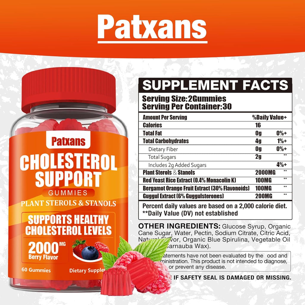 2 Packs Cholesterol Support Gummies, Containing 2000 MG of Plant Sterols & Sterols, Cholesterol Complex Gummies, Support Healthy Cholesterol Levels, Energy Support, Mixed Berry Flavor, 120 Cts