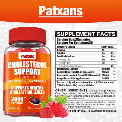 2 Packs Cholesterol Support Gummies, Containing 2000 MG of Plant Sterols & Sterols, Cholesterol Complex Gummies, Support Healthy Cholesterol Levels, Energy Support, Mixed Berry Flavor, 120 Cts