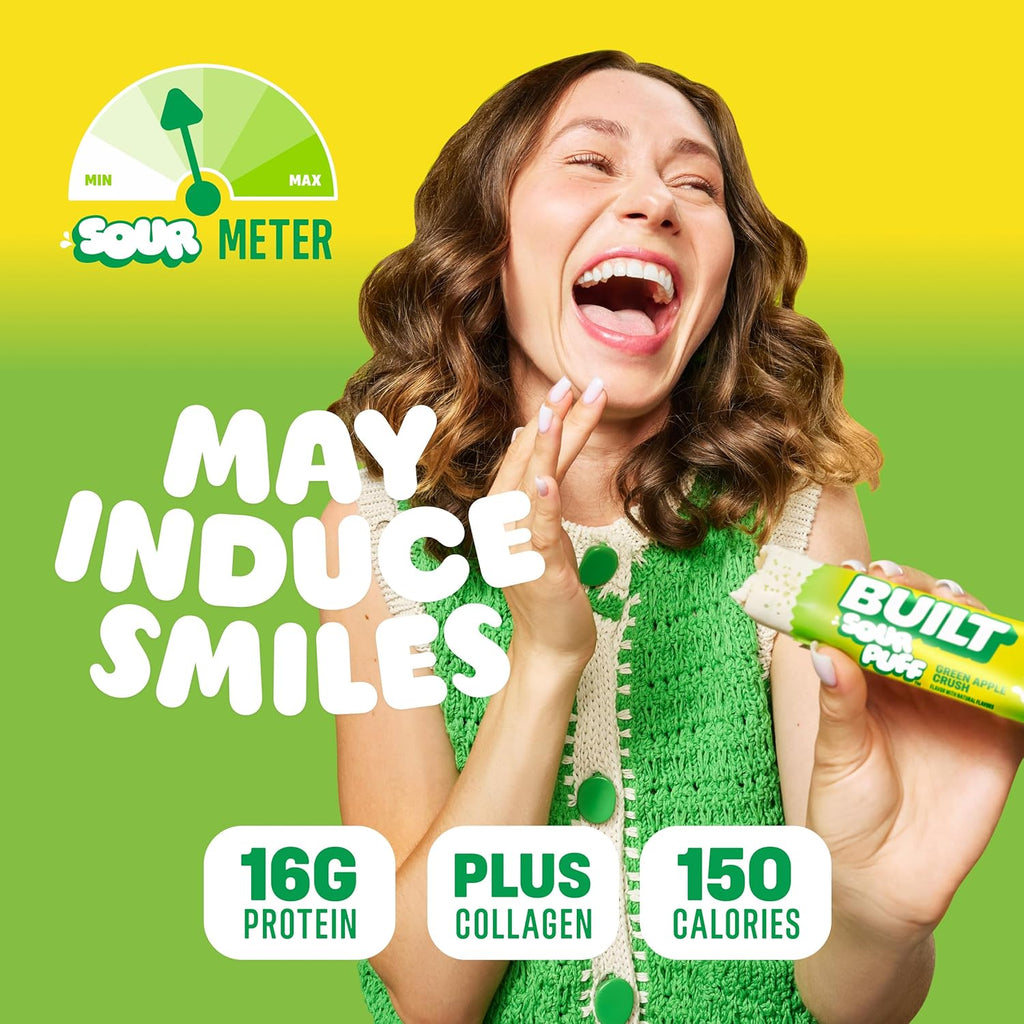Built Bar, Sour Puff Protein Bars, Green Apple Crush, Collagen, On-the-go Snacks, Sour Candy Snack, 12 Pack
