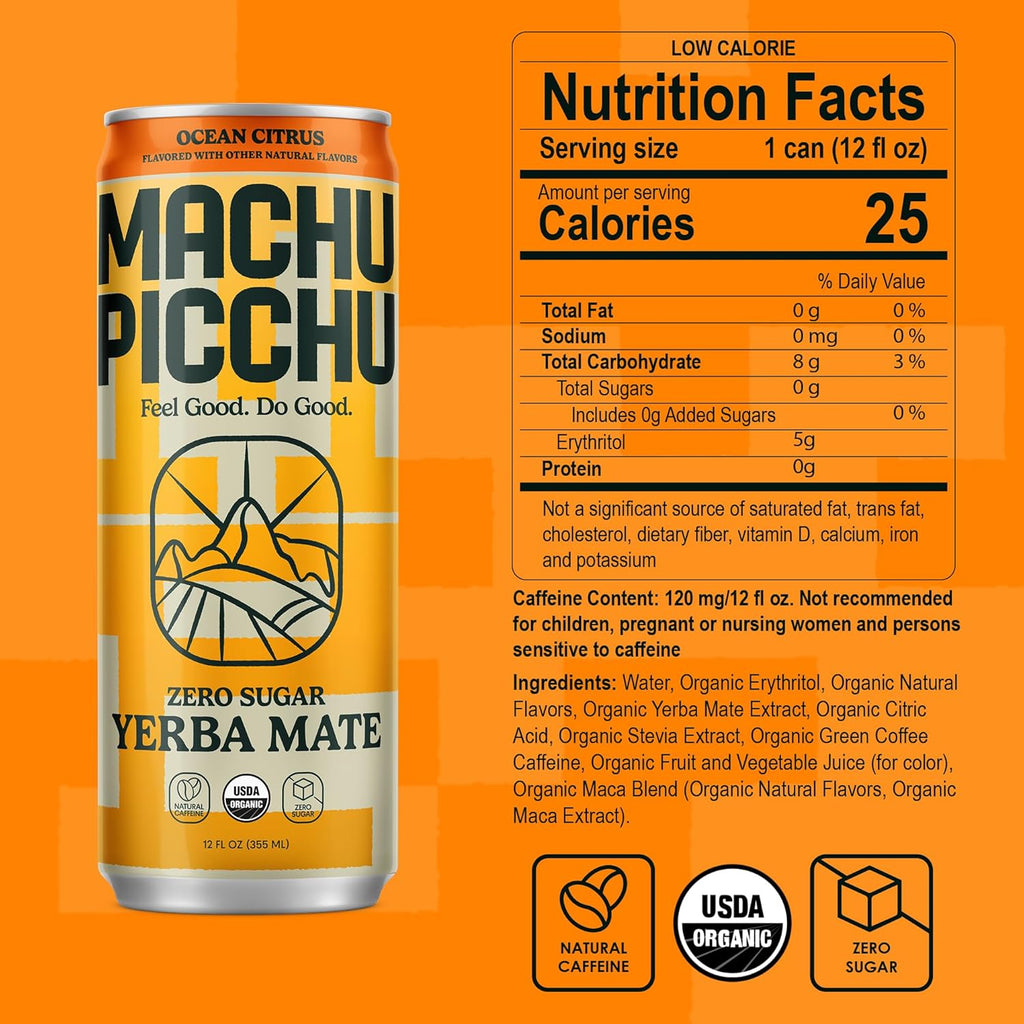 MACHU PICCHU ENERGY, Non-Carbonated Zero Sugar Yerba Mate, Clean Energy Drink Alternative, 12oz (Pack of 12) – 120mg Organic Green Coffee Bean Caffeine, Low Calorie, USDA Organic, No Artificial Flavors (Ocean Citrus)