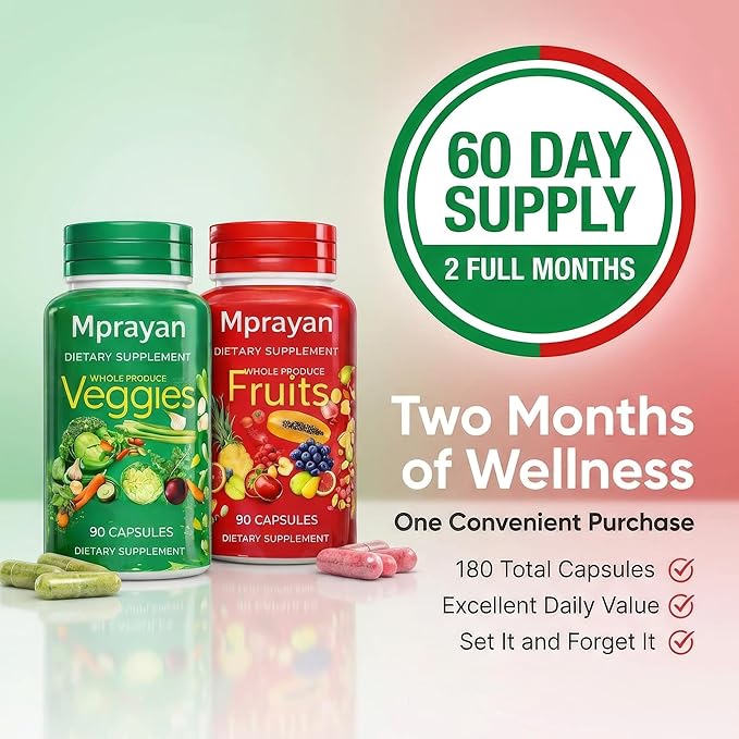 Fruits & Veggies Supplements - Whole Food Blended Vitamin & Mineral - 90 Fruit + 90 Vegetable Capsules - Daily Nutrition for Men & Women - 2 Pack