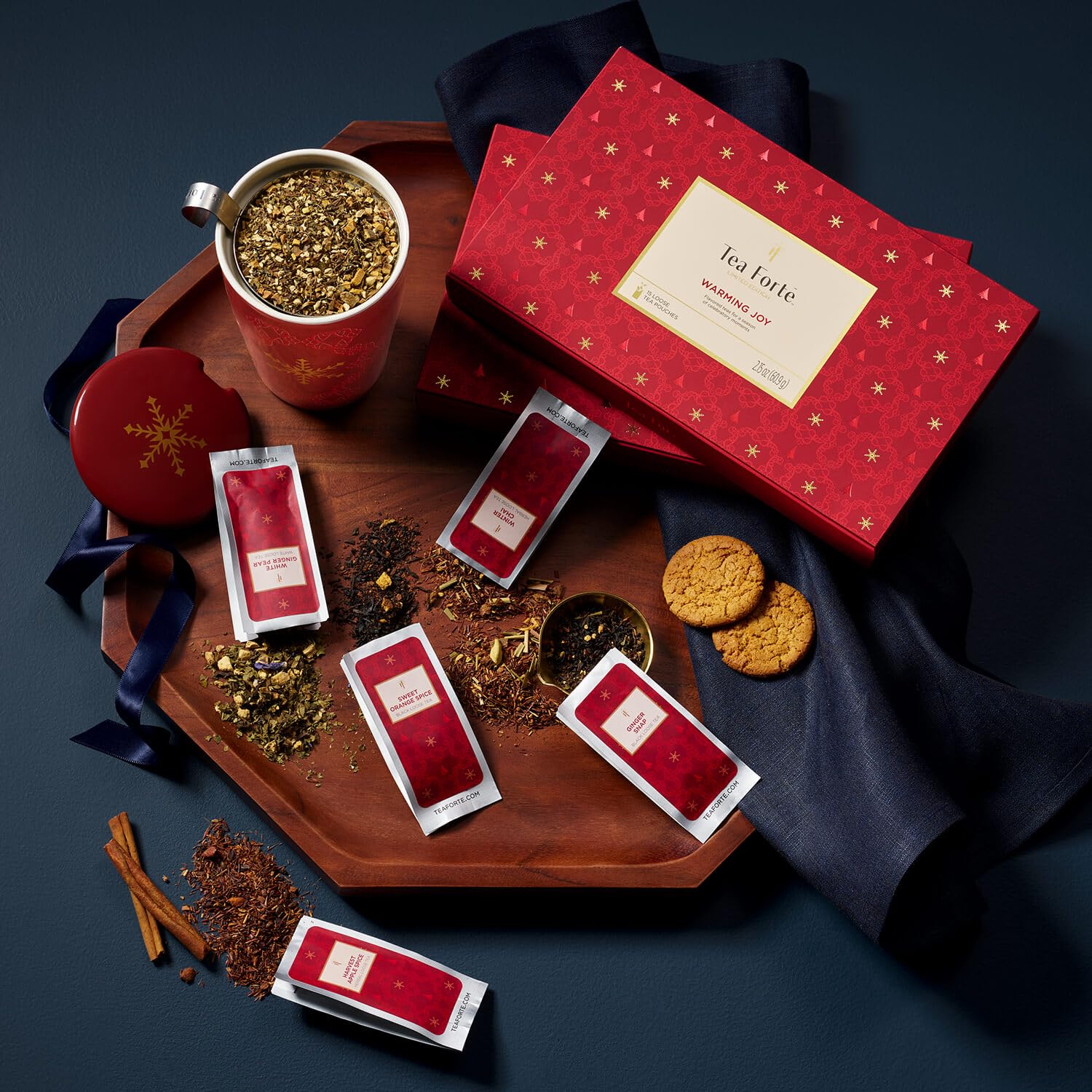 Tea Forte Warming Joy Hoilday Premium Single Steeps Loose Leaf Tea Gift Set Sampler, 15 Count 3 of Each Assorted Blends, Pre-Portioned Single Serve Pouches, Steeps 12 oz