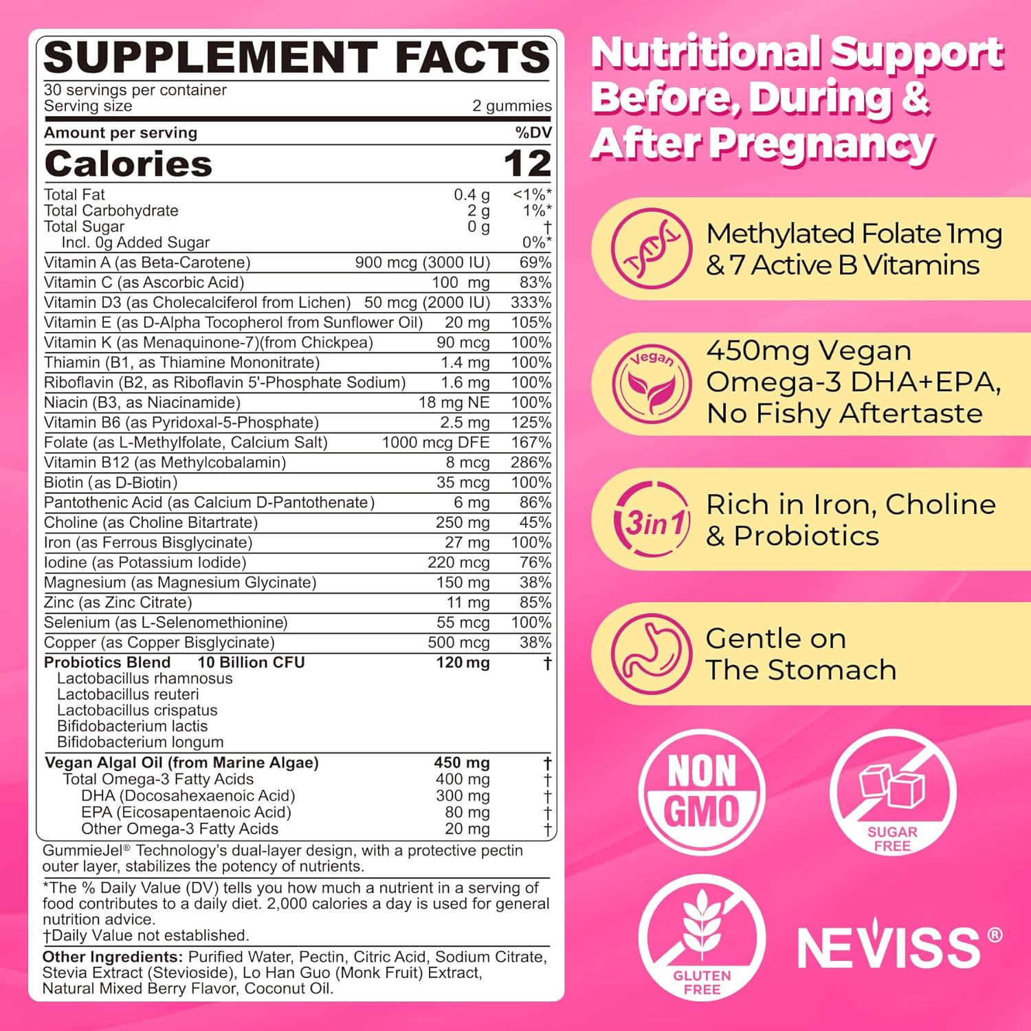 Prenatal Vitamins for Women Multivitamin Gummies w/ Methylfolate 1mg, Choline Omega-3(DHA+EPA) Iron, Postnatal Vitamins for Women Breastfeeding | Before,During & After Pregnancy,Sugar Free,Vegan,60Cts