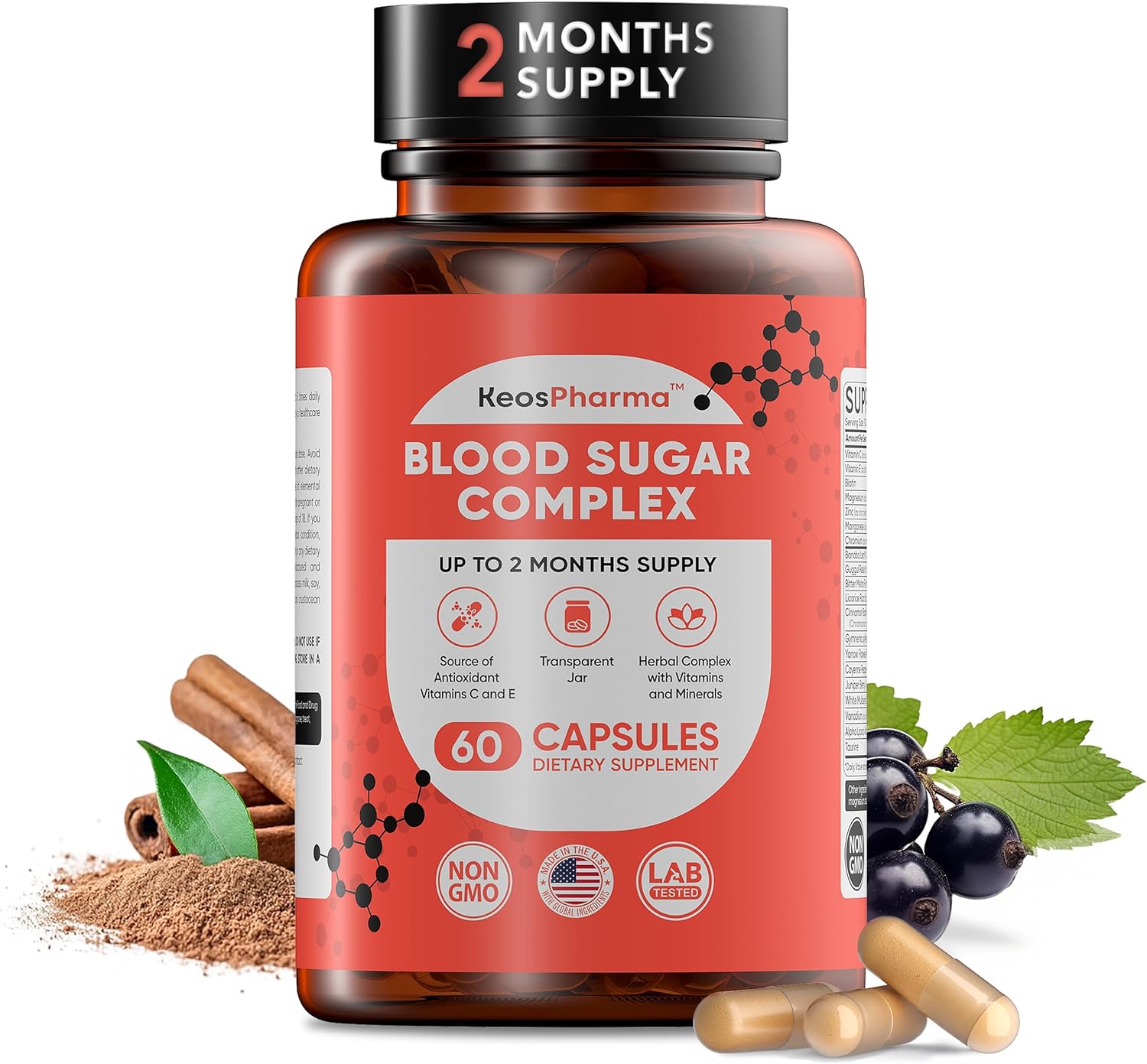 Blood Sugar Complex, 60 Capsules, Up to 2 Months Supply with Magnesium, Cinnamon, Zinc, Vitamin C,E, Biotin and Other