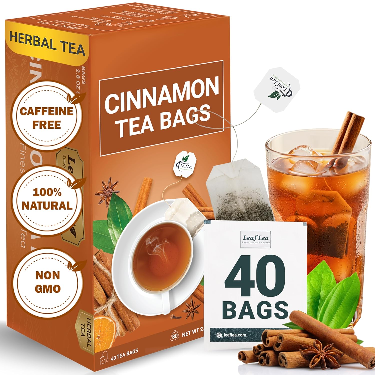LeafLea 40 Cinnamon Tea Bags, 100% Natural Ground Cinnamon Stick Herbal Tea, Spiced and Warming Flavor for Relaxation, Caffeine-Free, Sugar-Free, Non-GMO, Vegan