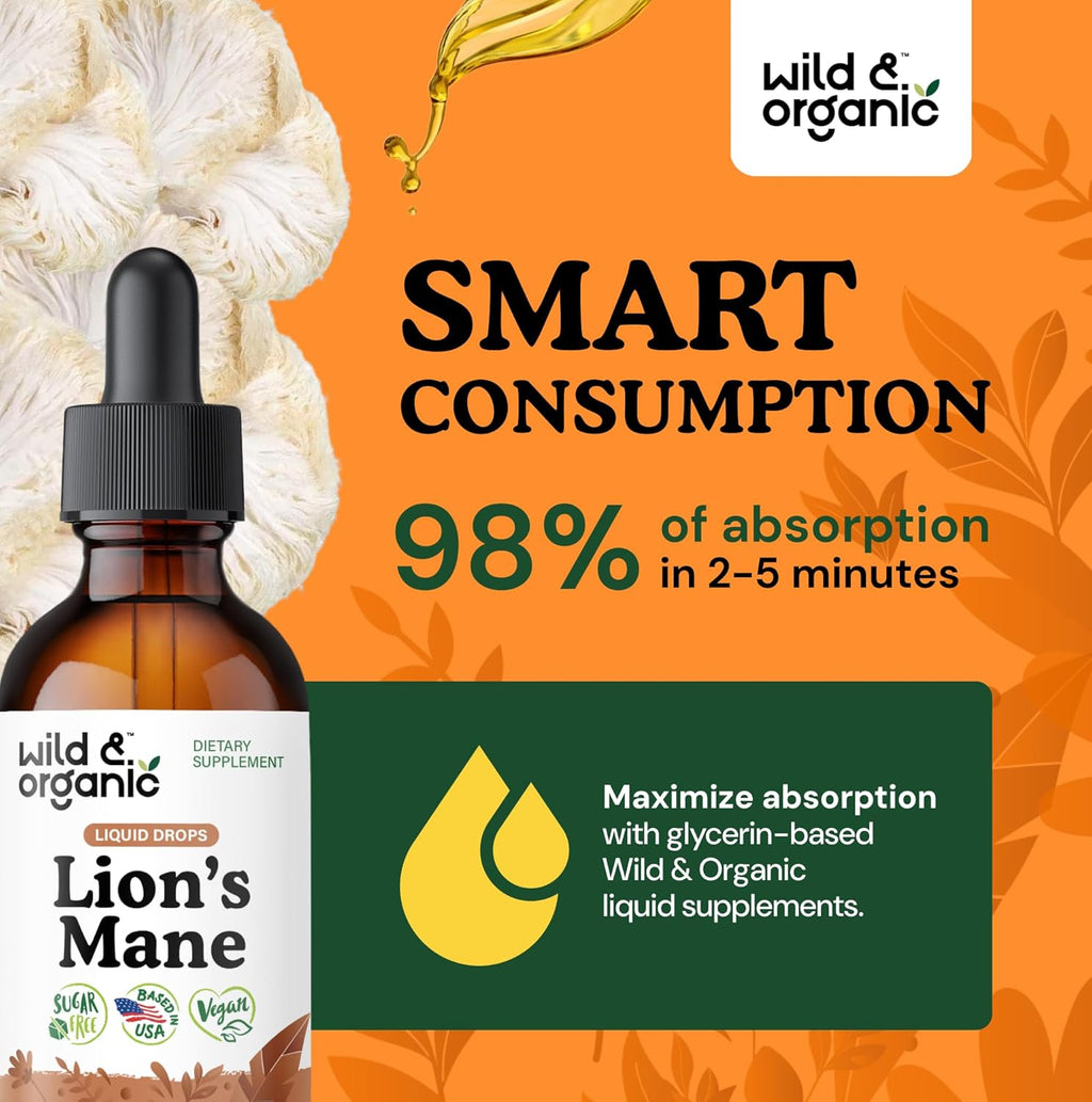 Wild & Organic Lions Mane Liquid Drops - Focus & Brain Support - Lions Mane Supplement - Hericium Erinaceus Mushroom Extract Tincture - Vegan, Alcohol & Sugar-Free - 2 fl oz