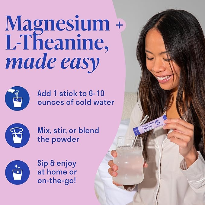 Magnesium Glycinate Powder + L-Theanine | 20 Sticks/Servings | 300 mg p/Stick High Absorption Chelated Magnesium Powder for Sleep - Mixed Berry Flavor, No Sugar, Support Restful Sleep & Relaxation