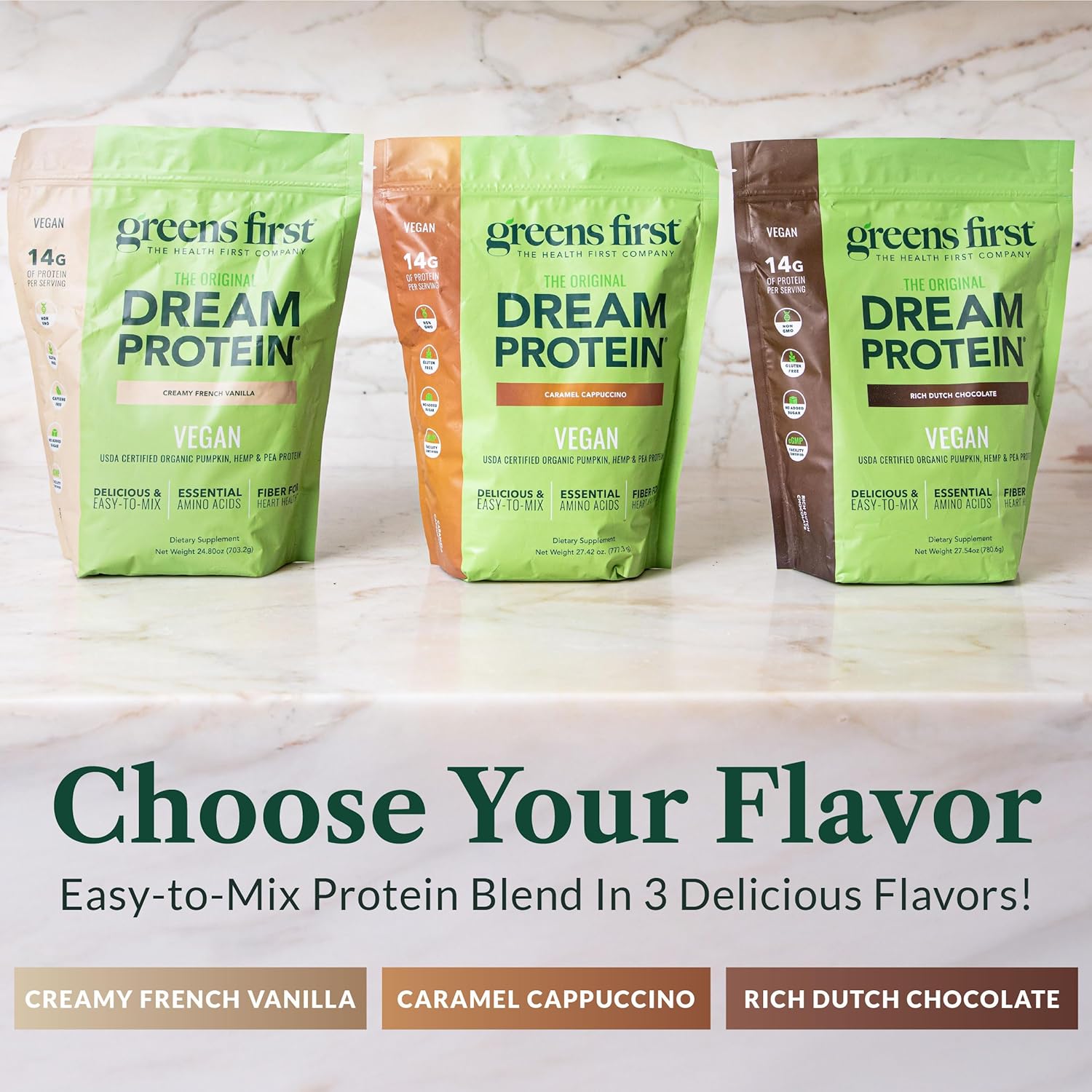 Greens First Dream Protein Plant-Based Vegan Powder - USDA Organic Pumpkin, Hemp & Pea Protein - Gluten-Free, Non-GMO, No Added Sugar (Rich Dutch Chocolate, 27.54 oz)