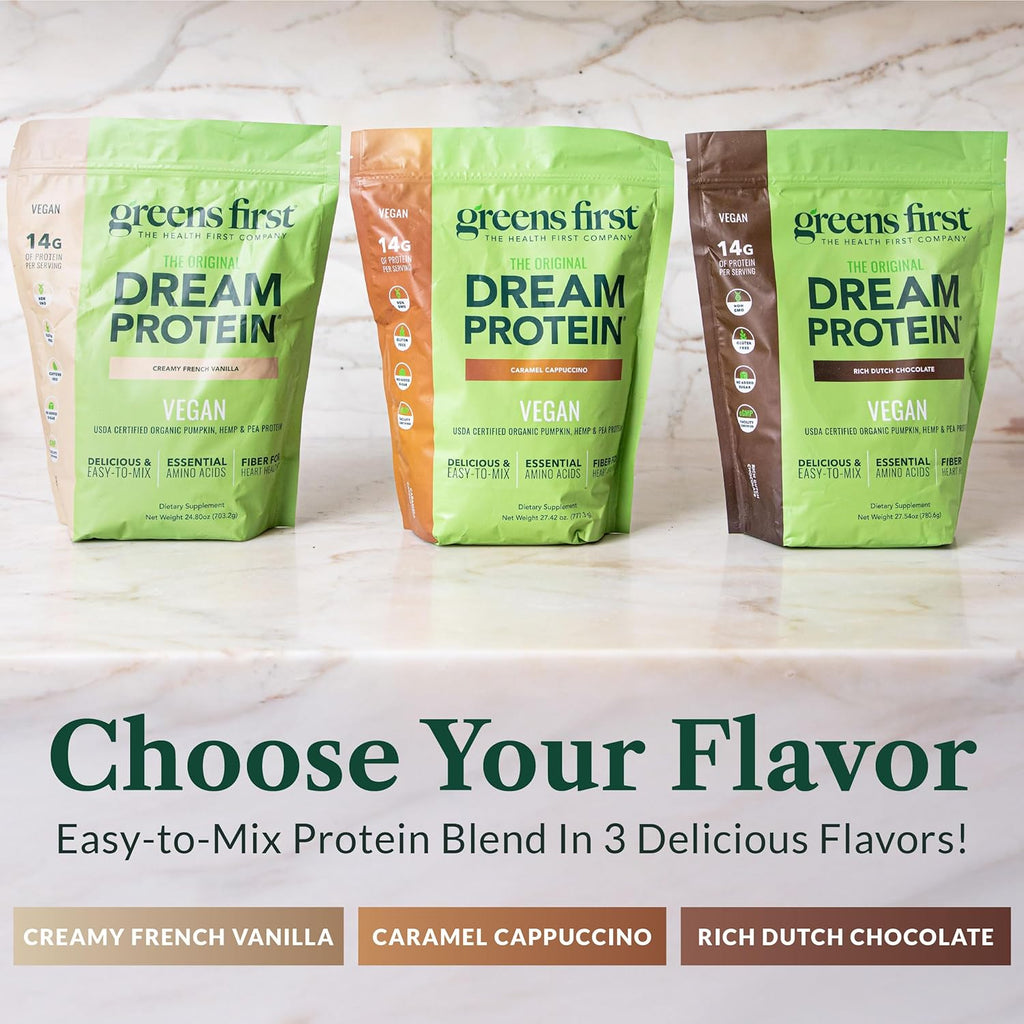 Greens First Dream Protein Plant-Based Vegan Powder - USDA Organic Pumpkin, Hemp & Pea Protein - Gluten-Free, Non-GMO, No Added Sugar (Caramel Cappuccino, 27.42 oz)