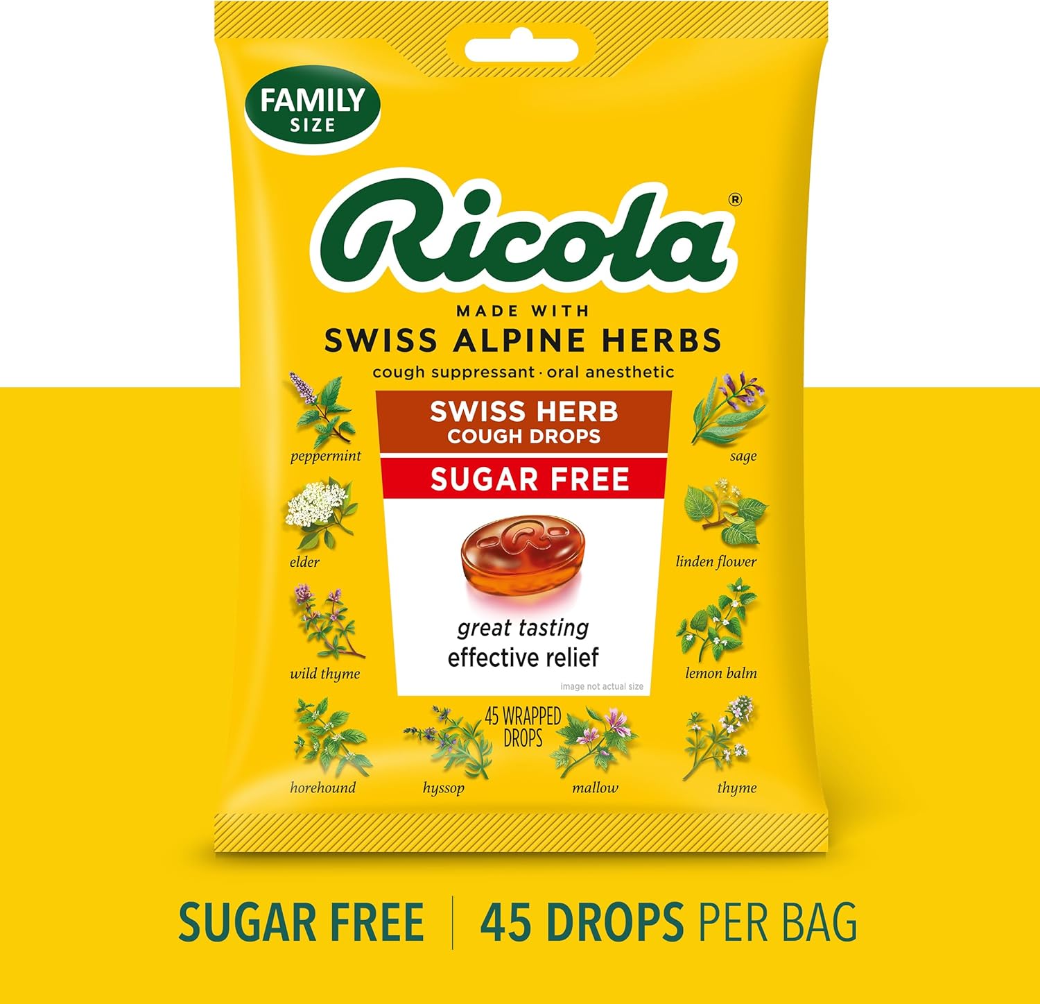 Ricola Sugar Free Original Natural Herb Cough Drops, 45 Count, Cough Suppressant & Throat Relieving Drops with Naturally Sourced Menthol, Pleasing Taste for Coughs & Throat Irritation Symptom Relief