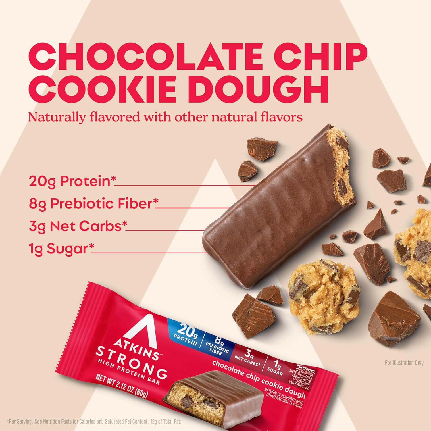 Atkins Strong Chocolate Chip Cookie Dough High Protein Bars, 20g Protein, 2g Sugar, 4 Count (Pack of 6)