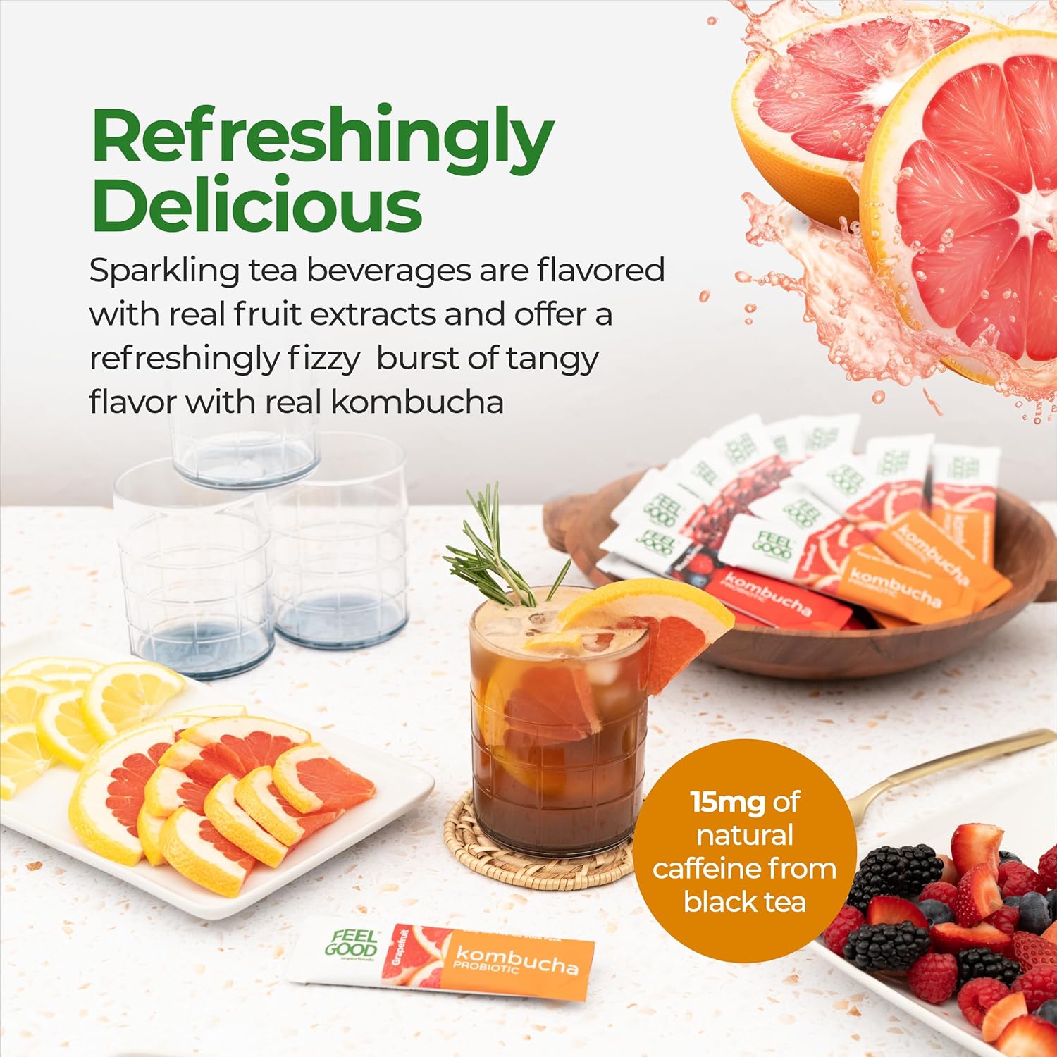 FeelGood Superfoods Kombucha Iced Tea Packets, Delicious Grapefruit Flavored Refreshing Instant Kombucha Powder Fizzy Drink, Probiotic Supplement for Gut Health, 14 pack