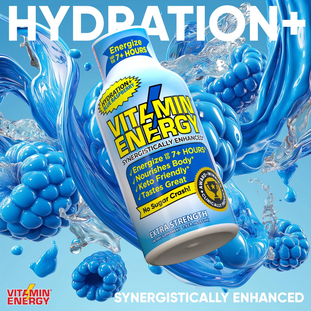 Vitamin Energy Hydration+ Extra Strength Energy Shot Blue Raspberry 10 Pack, 260mg Natural Caffeine, Electrolytes, BCAAs, Amino Acids, Hydration & Performance, Zero Sugar, Gluten-Free, 1.93 fl oz