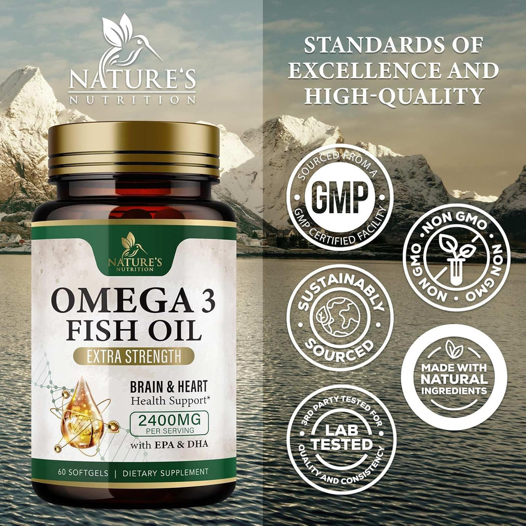 Omega 3 Fish Oil Supplements 2400 mg - Triple Strength Omega3 - EPA & DHA with Essential Fatty Acids - Natural Immune, Brain & Heart Health Support - Burpless, Lemon Flavor, Wild Caught - 60 Softgels