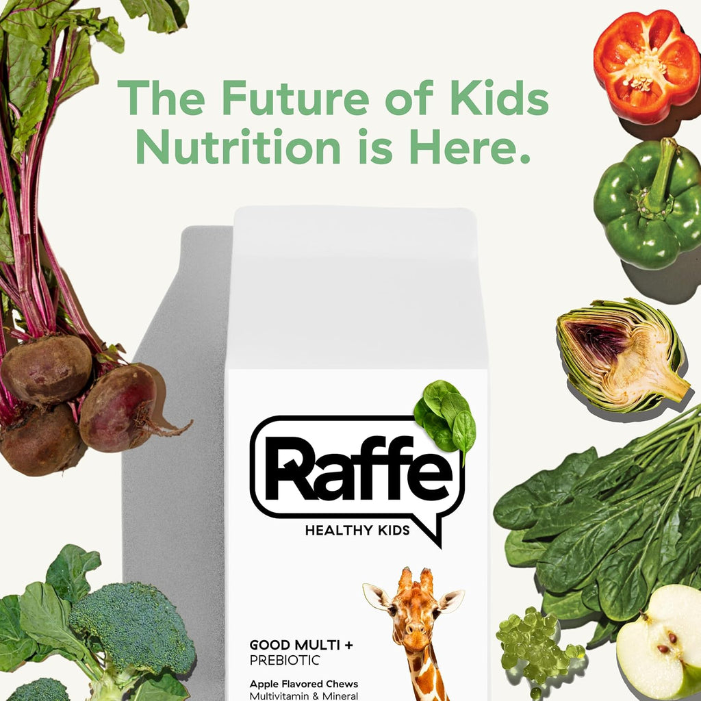 Raffe Kids Vitamins with Prebiotics - Sugar-Free Chewable Kids Multivitamin with 50mg Omega 3 DHA, 3g Fiber, Iron & Folate, Supports Immunity & Digestive Health, Vegan-Friendly | 60 Chews
