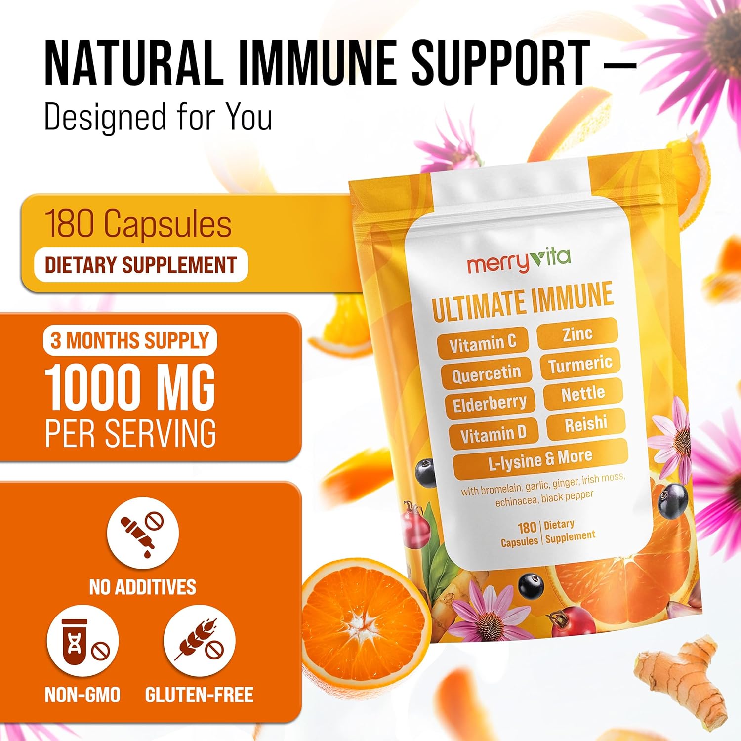 Liposomal Vitamin C 1000mg - Immune Support Supplement with Zinc, Rose HIPS, Elderberry, Quercetin, Bioflavonoids - Natural, Vegan, Non-GMO - 180 Capsules