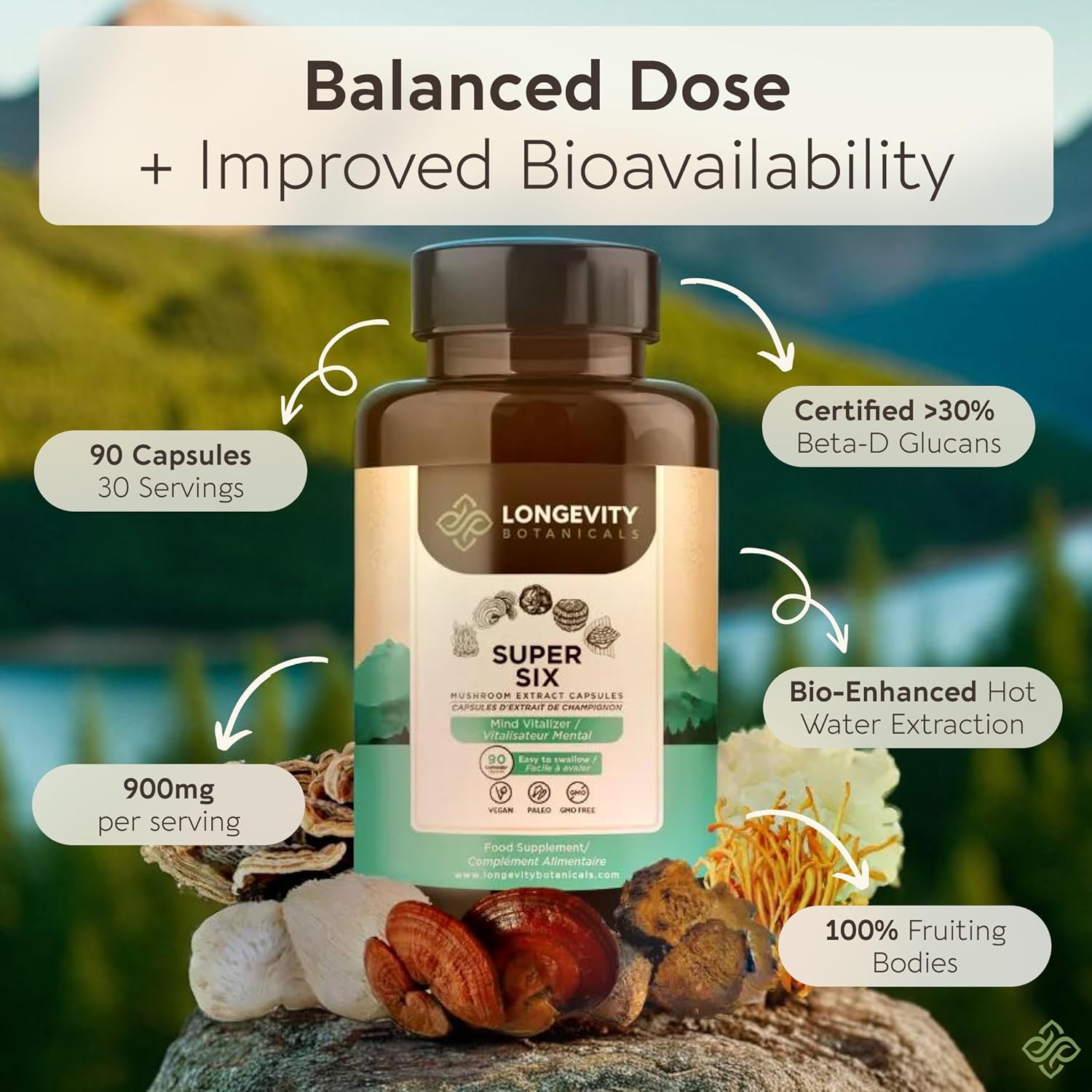 Organic Super Six Mushroom Blend Capsules Supplement (90) | Fruiting Body Extract Complex | Lions Mane, Turkey Tail, Cordyceps, Reishi, Chaga & Tremella | 35% Beta-D Glucans | Overall Wellness Support