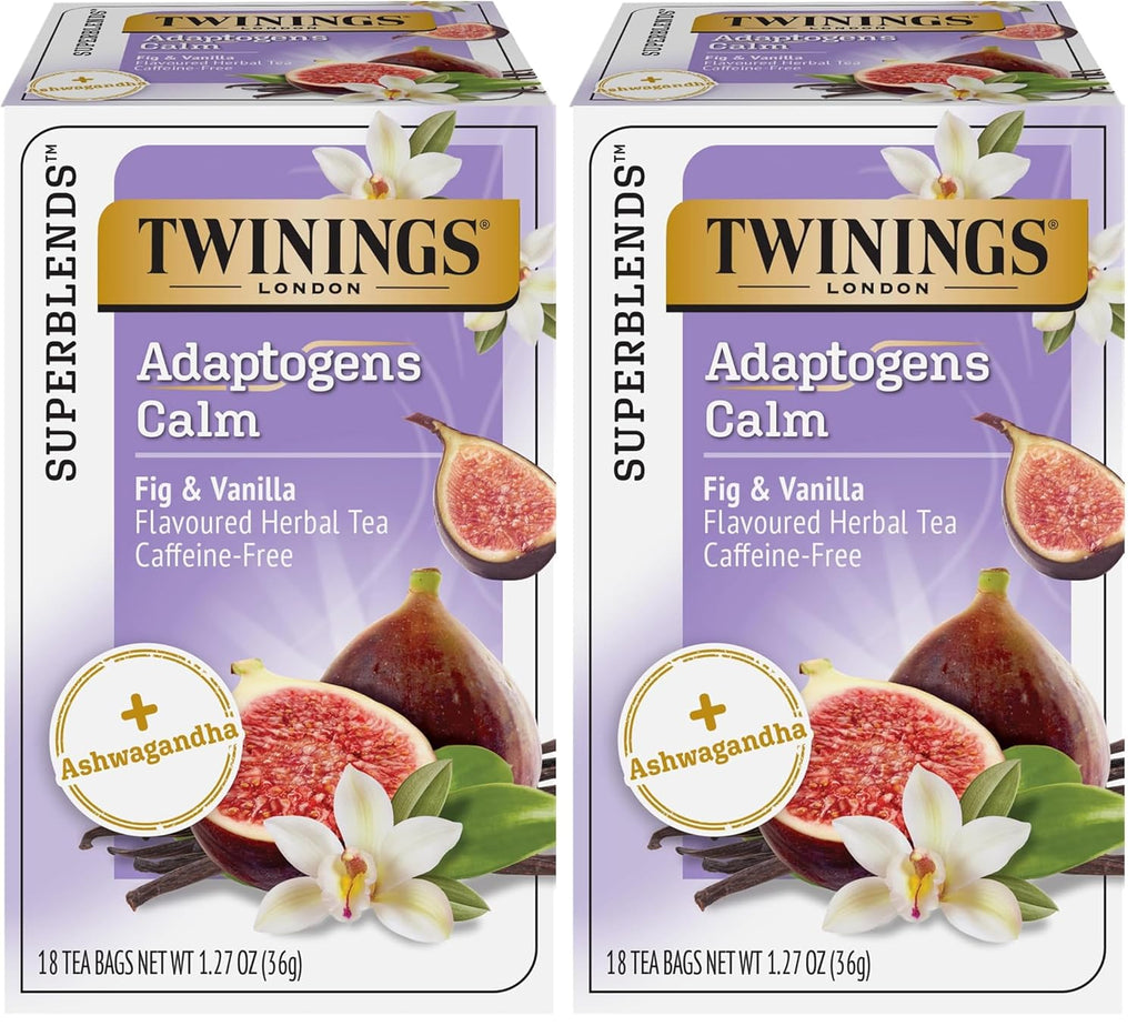 Twinings Superblends Adaptogens Calm with Ashwagandha Fig & Vanilla Flavoured Herbal Tea Caffeine-Free, 18 Tea Bags (Pack of 2), Enjoy Hot or Iced