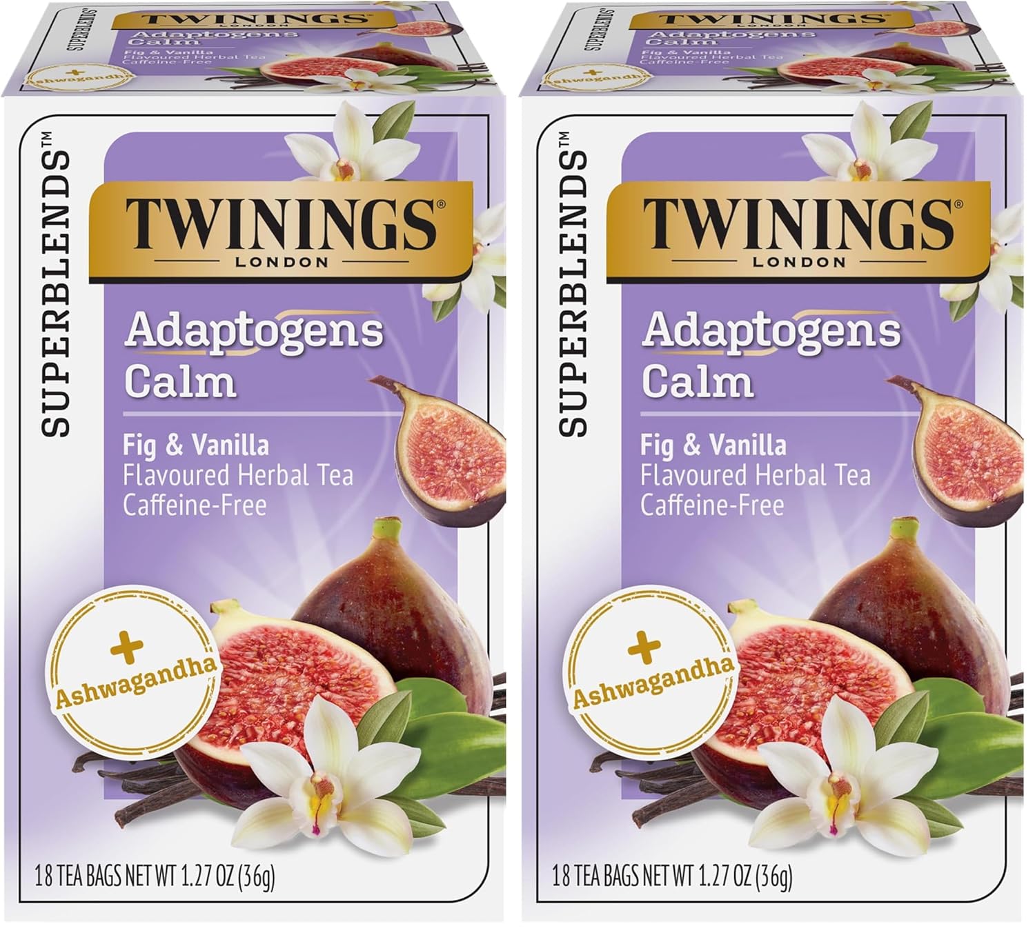 Twinings Superblends Adaptogens Calm with Ashwagandha Fig & Vanilla Flavoured Herbal Tea Caffeine-Free, 18 Tea Bags (Pack of 2), Enjoy Hot or Iced